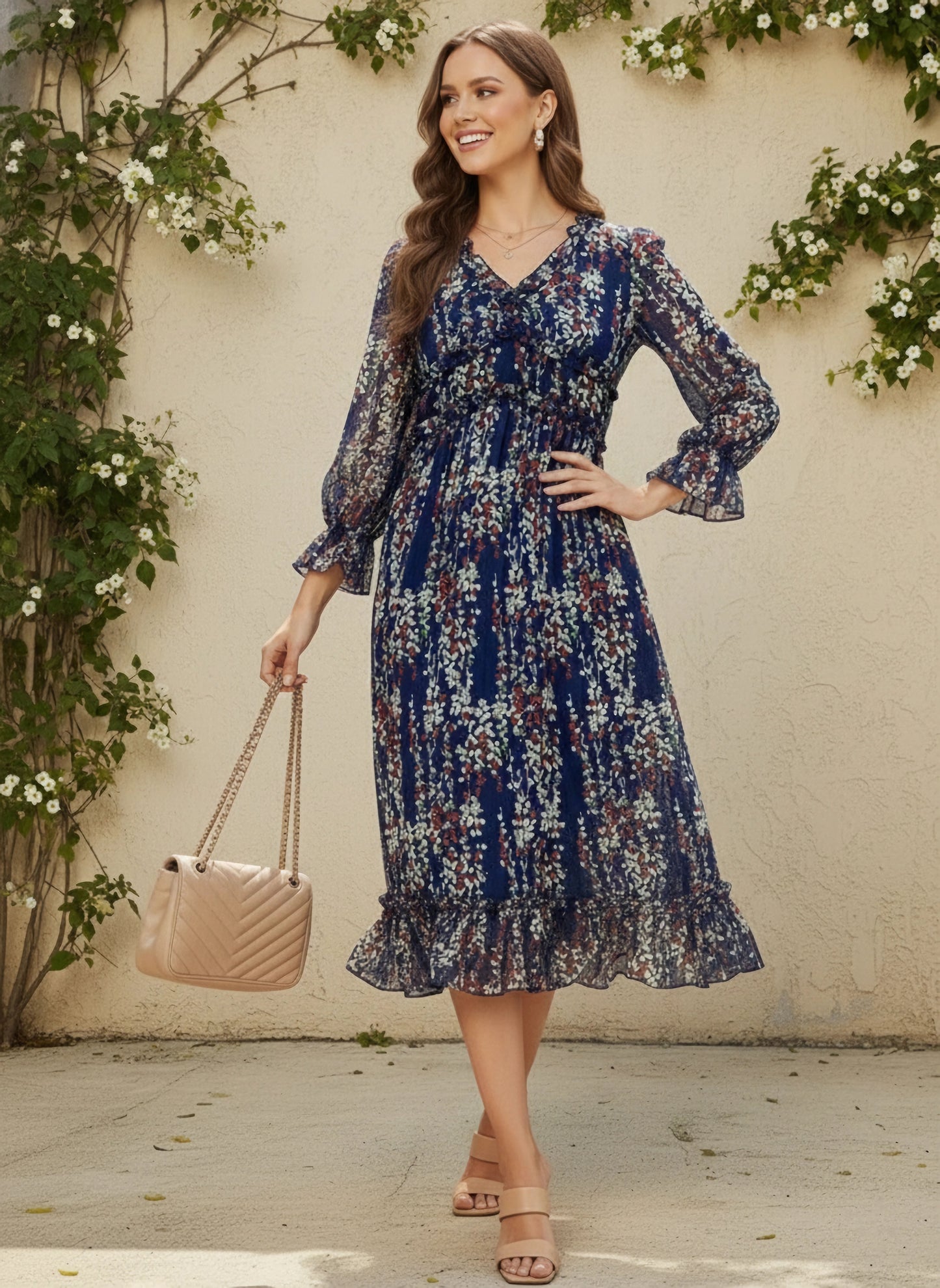 Navy Blue, White, & Red Floral Printed V-Neck Bishop Sleeves Chiffon Flounce Hem Ruffled A-Line Midi Dress