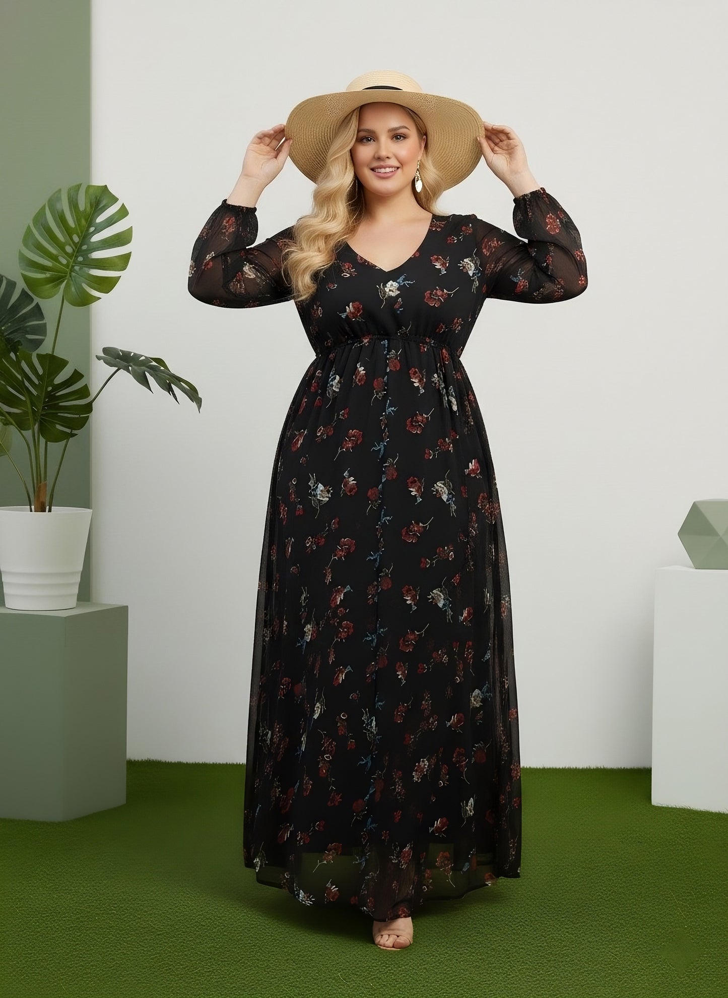 Berrylush Curve Women Black & Red Floral Printed V-Neck Bishop Sleeves Waist Tie-Up Pleated Maxi Dress