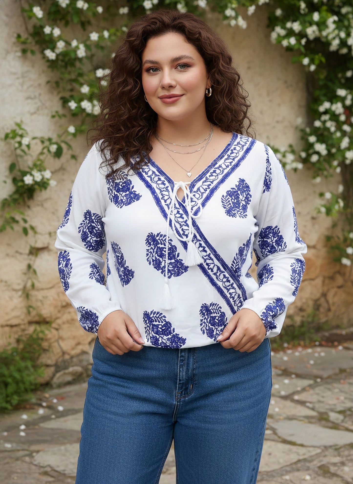 Berrylush Women Plus Size White & Blue Paisley Printed V-Neck Front Tie-Up Semi-Sheer Regular Blouson Top