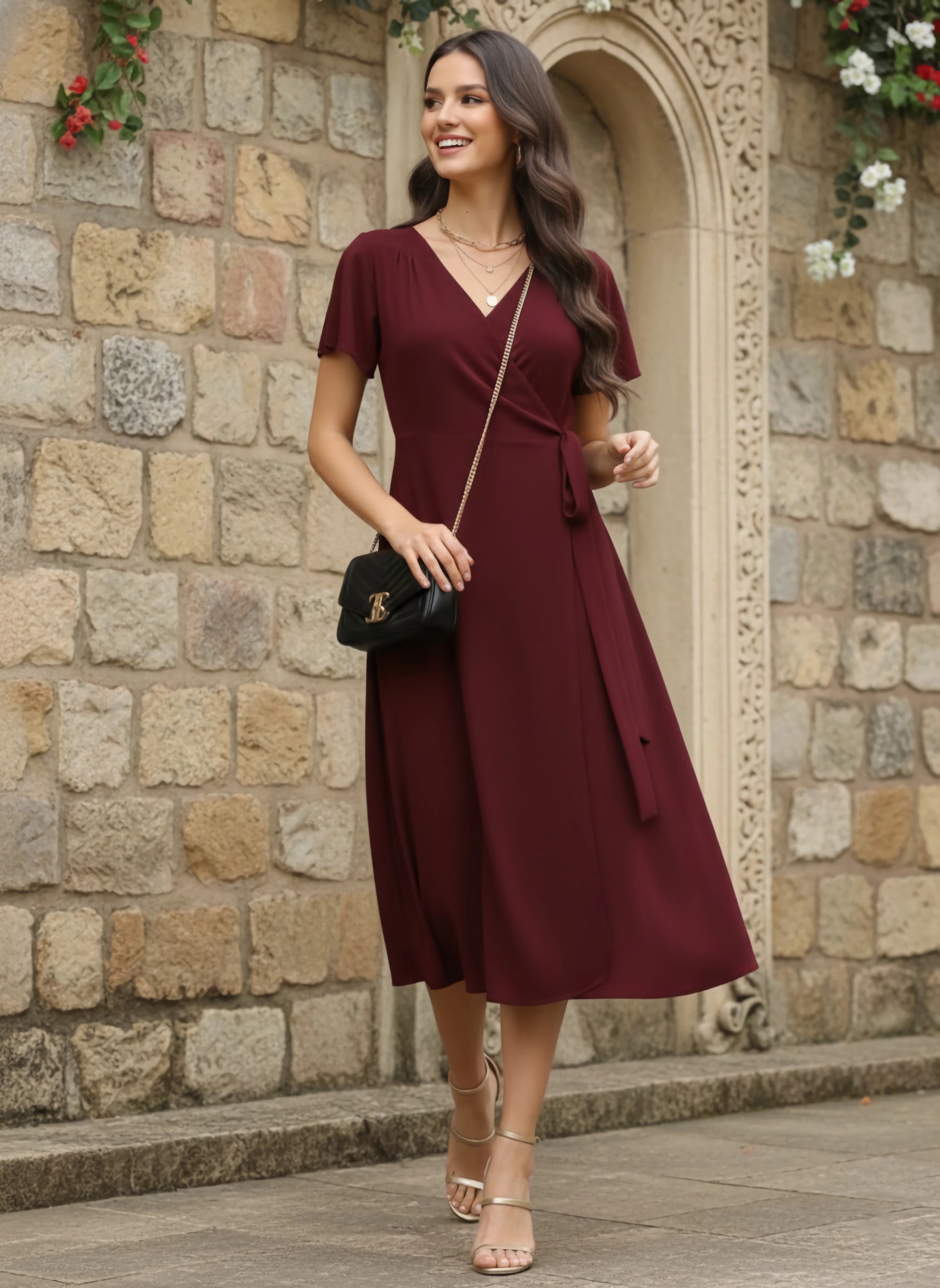 Berrylush Women Solid Maroon V-Neck Slit Sleeve Waist Tie-Up Flared Wr