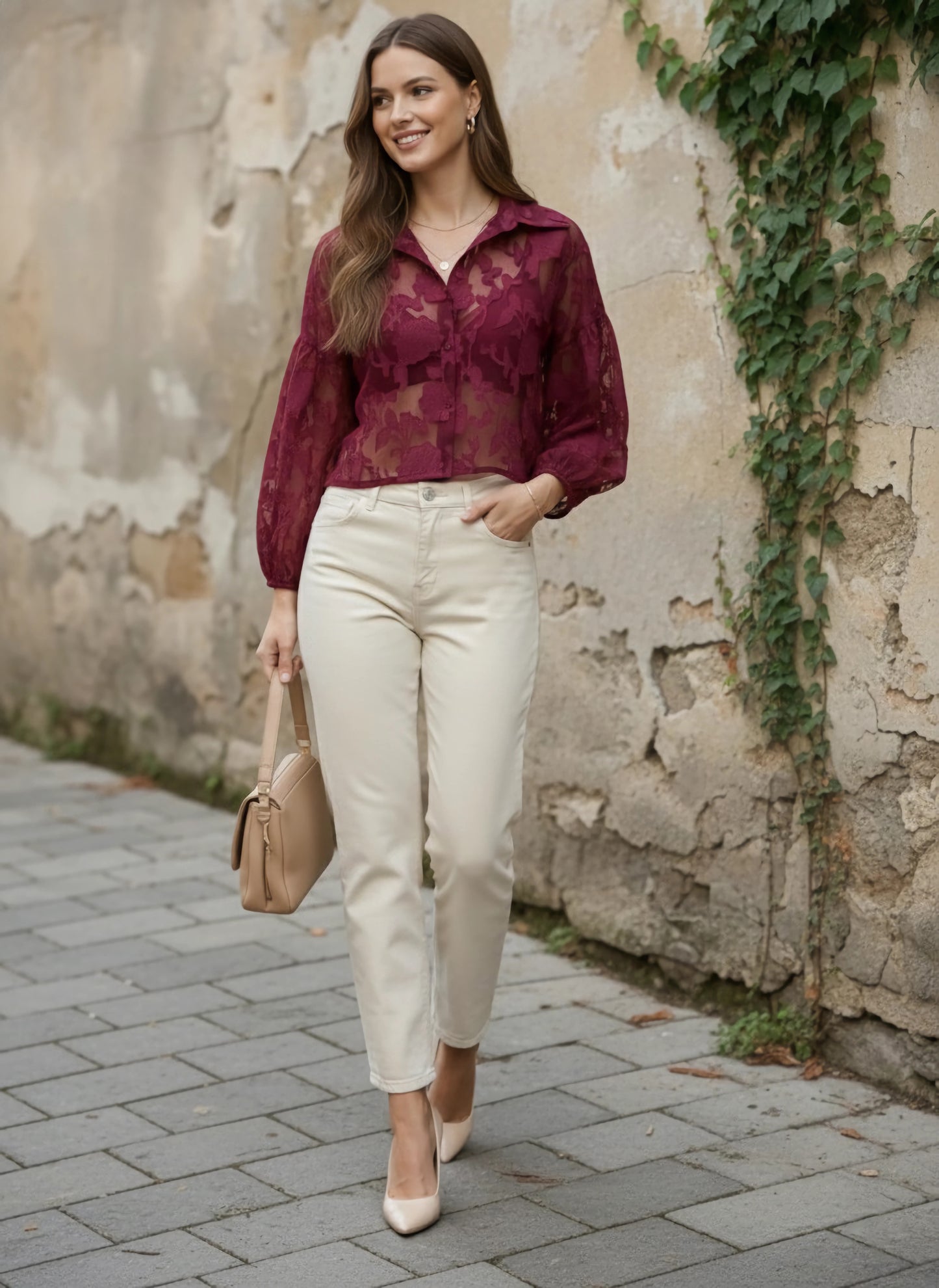 Berrylush Women Maroon Floral Printed Spread Collar Neck Bishop Sleeves Button-Up Regular Top