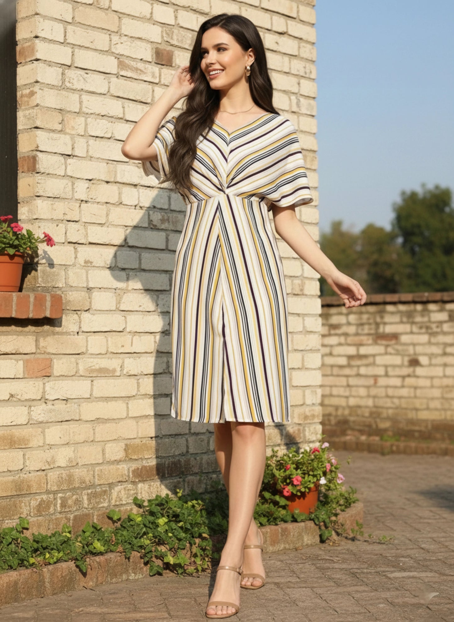 Berrylush Women Yellow & Off-White Stripe Printed V-Neck Front Slit Pleated A-Line Mini Dress