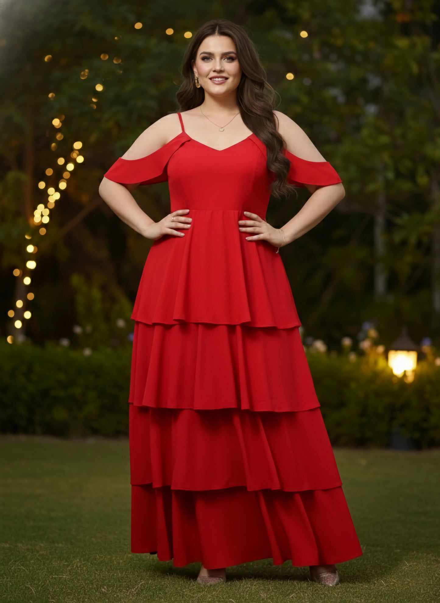 Plus Size Solid Red V-Neck Cold-Shoulder Sleeves Flounce Hem Layered A-Line Maxi Dress