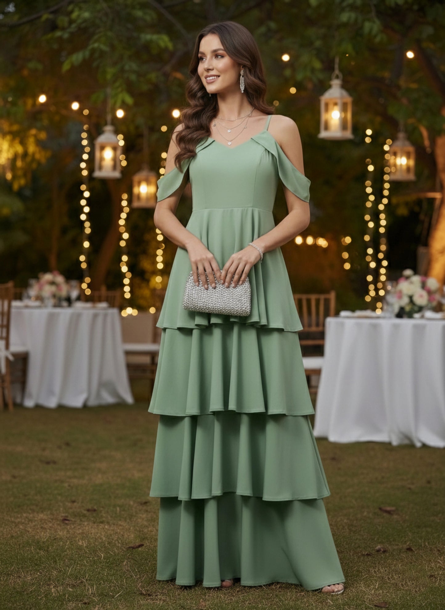 Berrylush Women Solid Green V-Neck Cold-Shoulder Flounce Hem Layered A-Line Maxi Dress