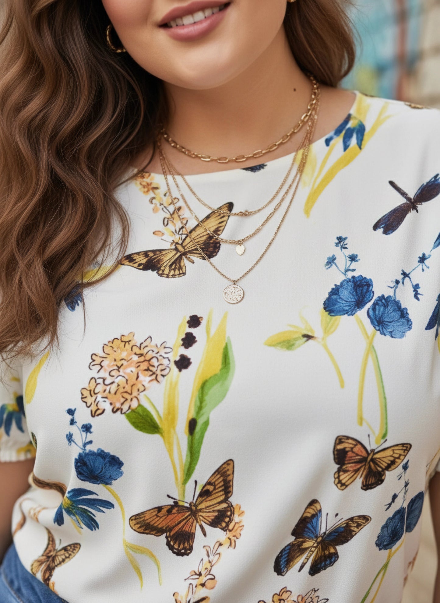 Berrylush Curve Women White & Multicolour Nature Printed Round Neck Cutout Tie-Up Back Regular Top