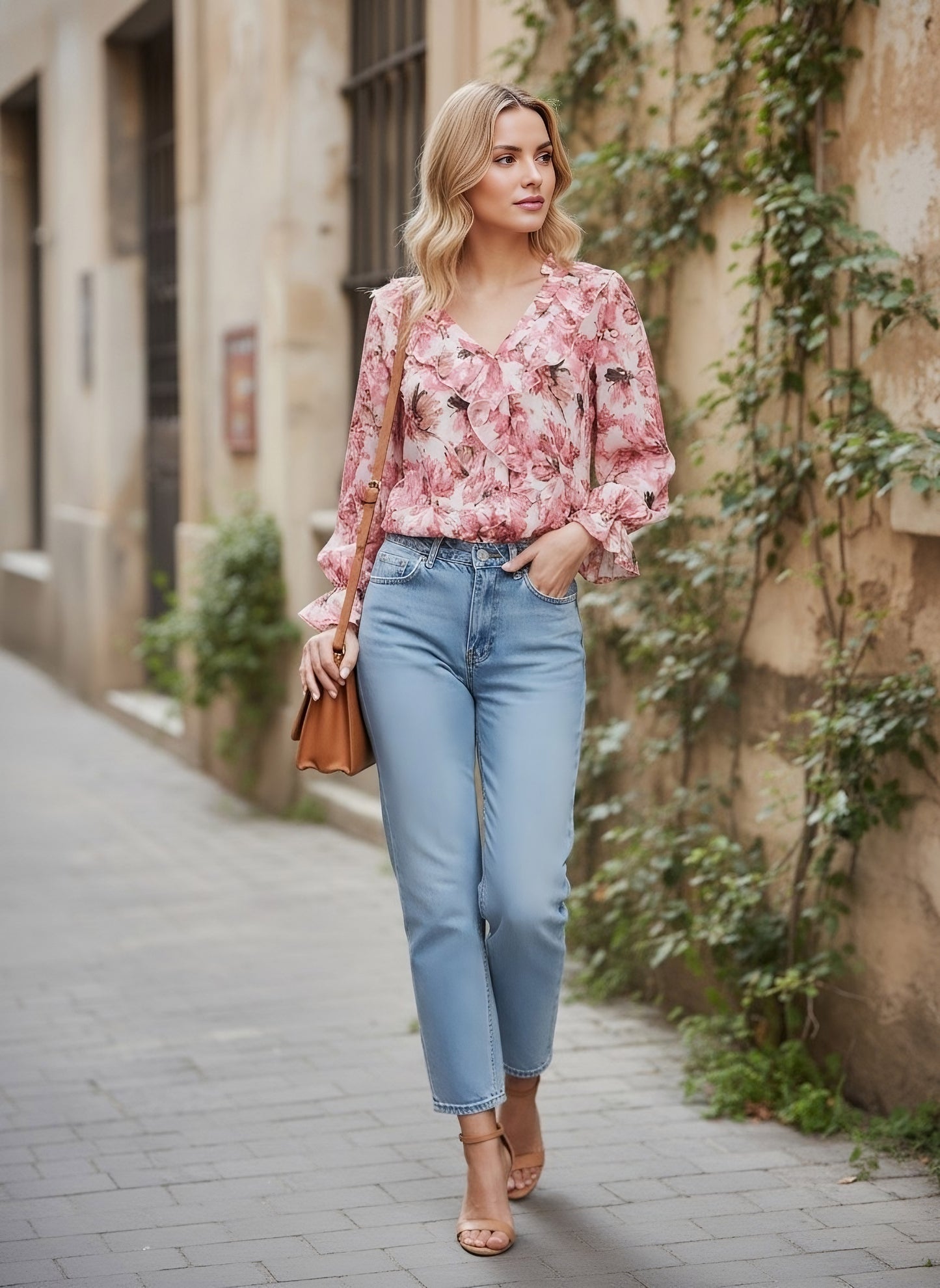 Berrylush Women Pink & White Floral Printed V-Neck Puff Sleeve Ruffled Regular Top