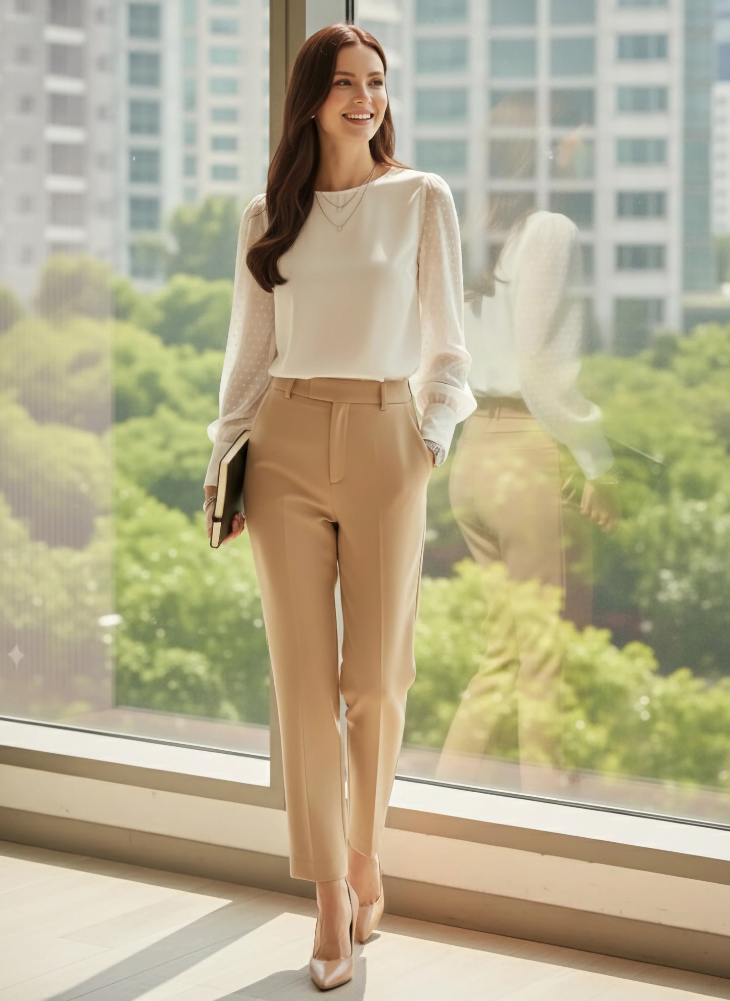 BIZwear Solid White Dobby Weave Round Neck Long Sleeves Back Keyhole Button-Up Regular Top