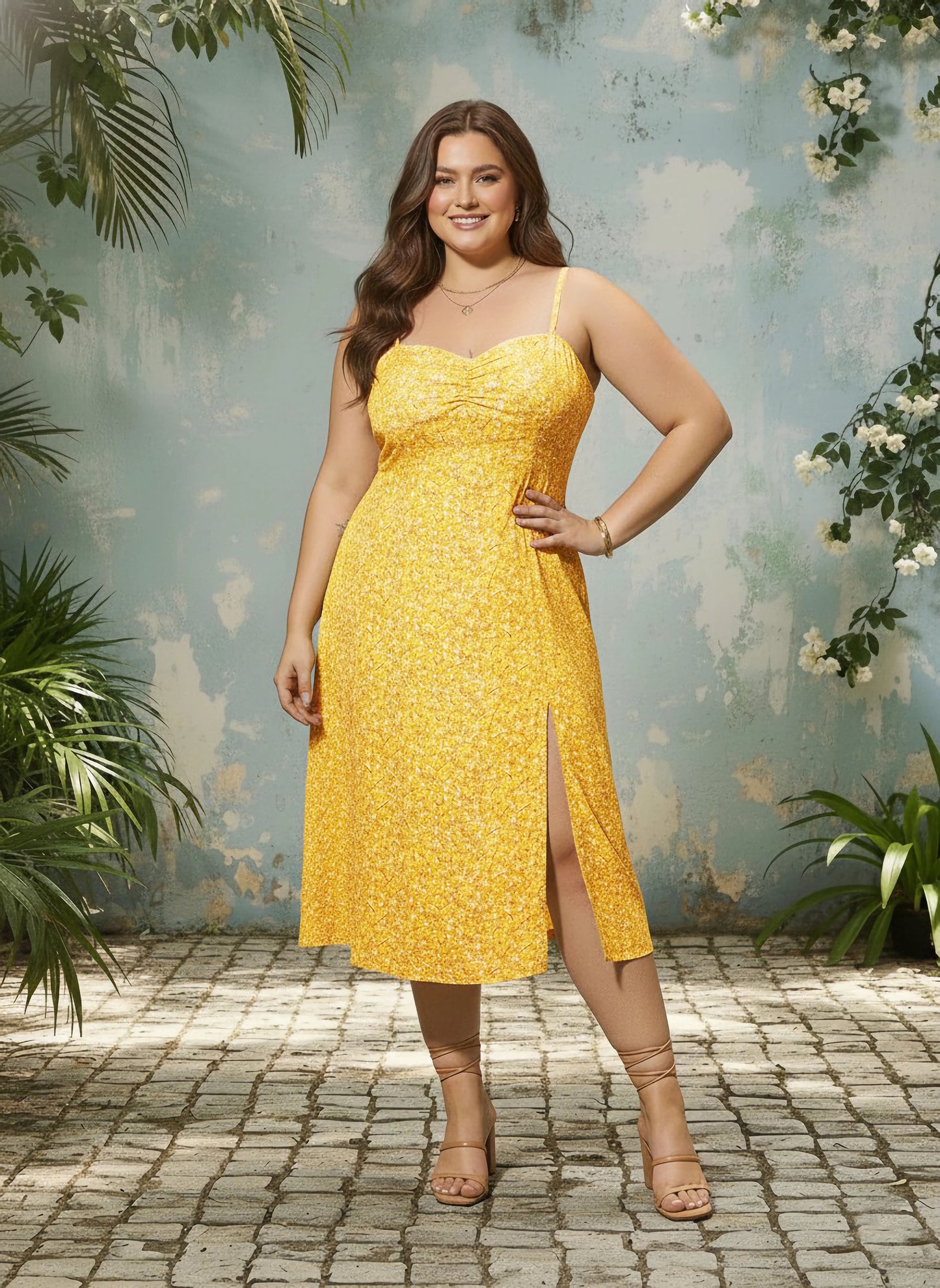 Curve Yellow Floral Printed Sweetheart Neck Sleeveless Thigh-High Slit Straight Hem A-Line Midi Dress