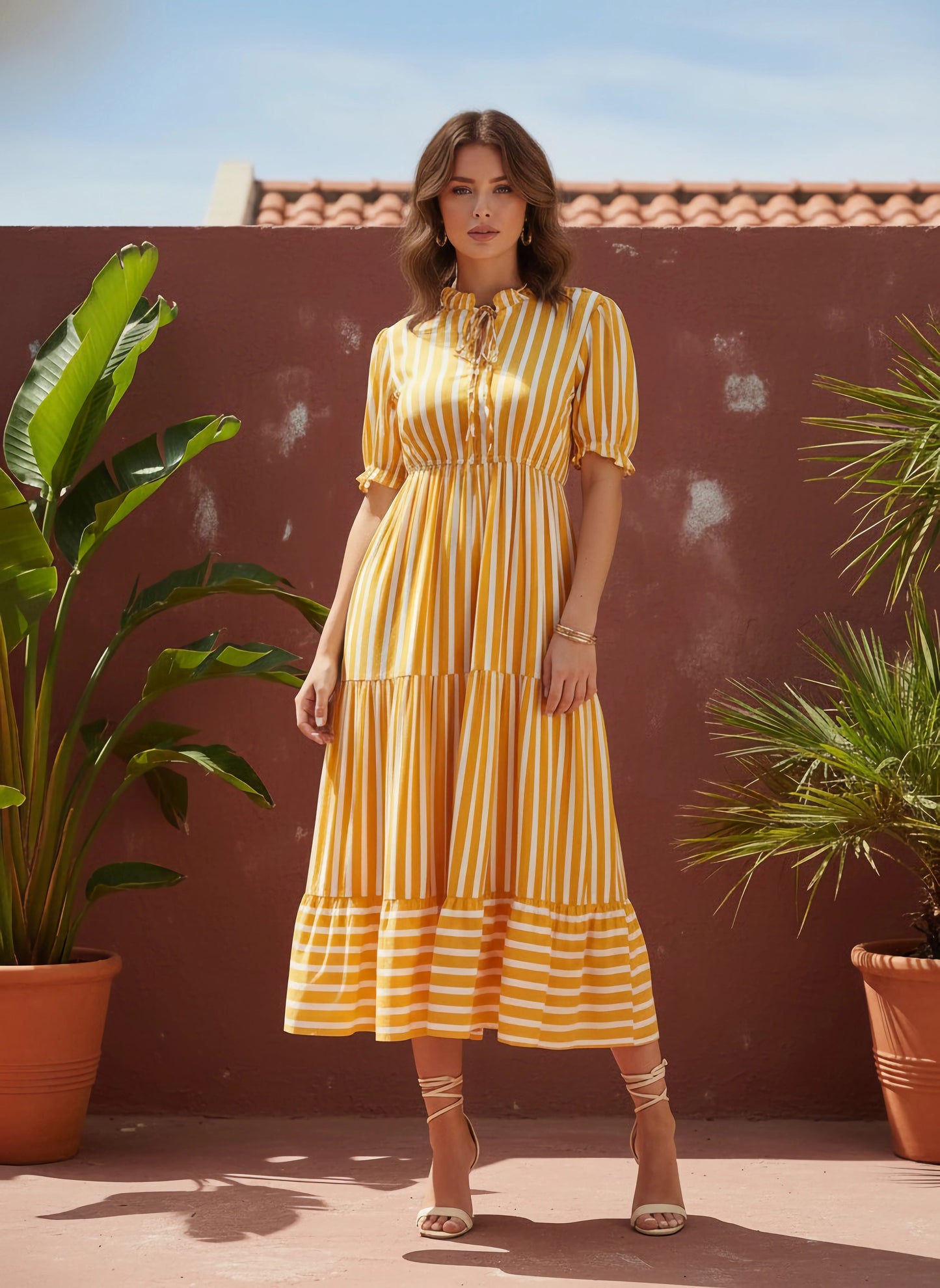 Berrylush Women Yellow & White Vertical Striped Print Tie-Up Neck Flutter Sleeve Viscose Rayon Layered Maxi Dress