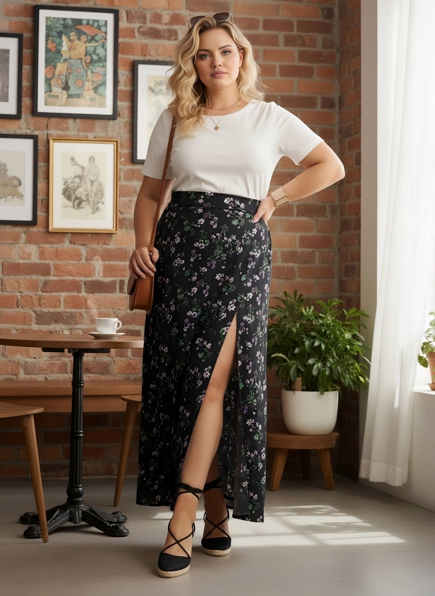 Berrylush Curve Women Black, Purple, & Green Floral Printed High-Rise Waist Thigh-High Slit Straight Hem A-Line Maxi Skirt