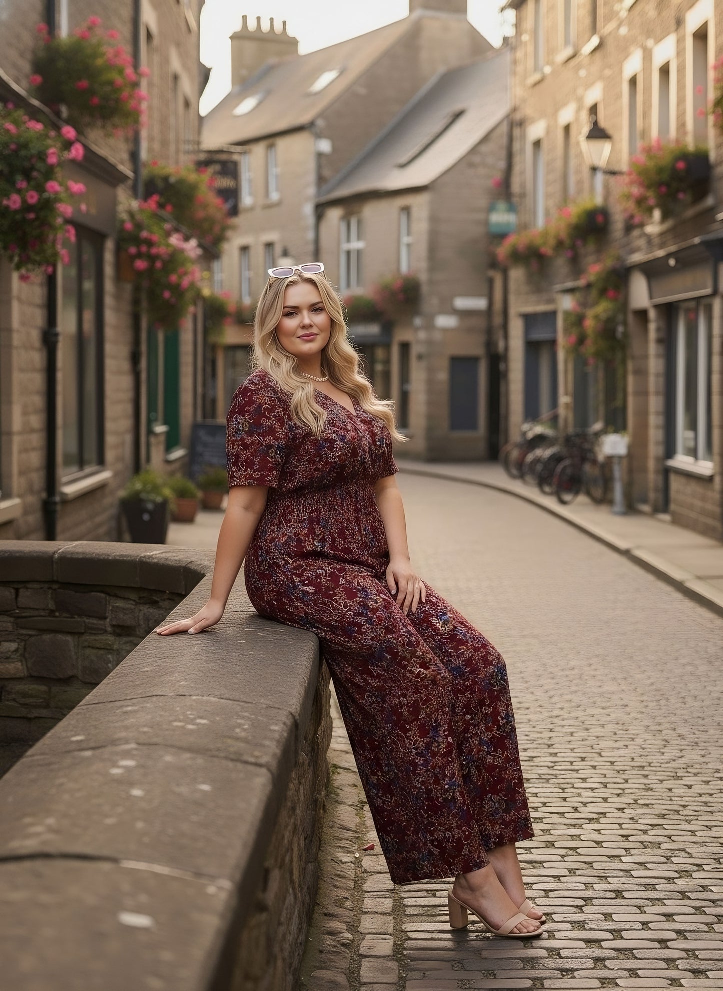 Berrylush Curve Women Maroon & Blue Floral Printed V-Neck Back Keyhole Smocked Maxi Jumpsuit