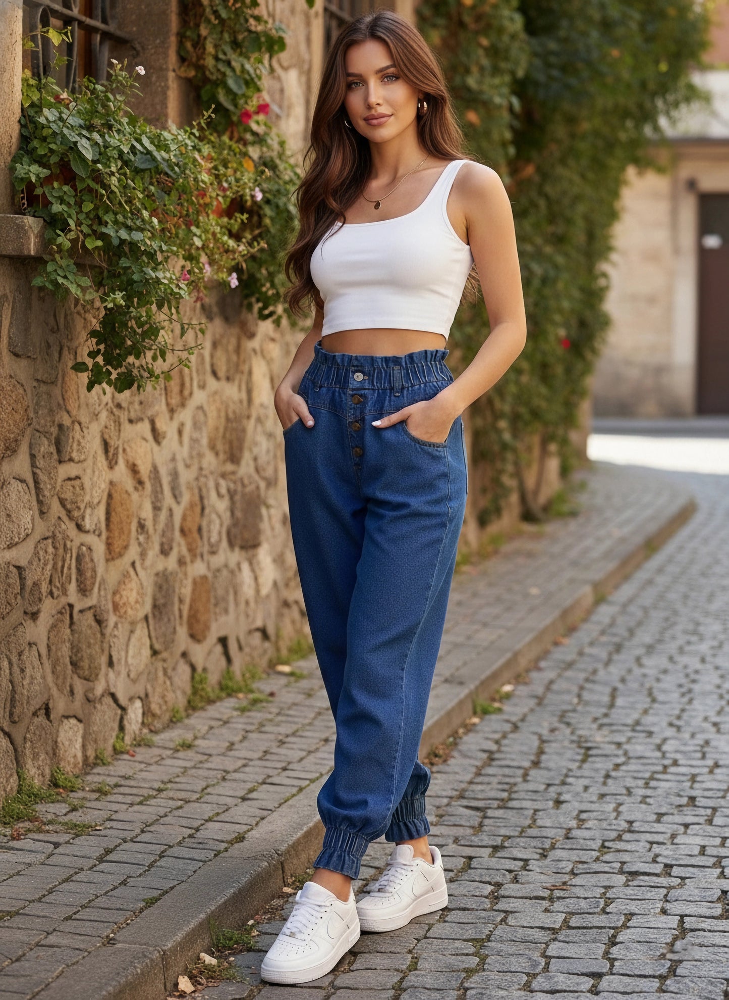 Solid Blue High-Rise Elastic Waist Four-Pocket Cotton Slip-On Knitted Regular Joggers