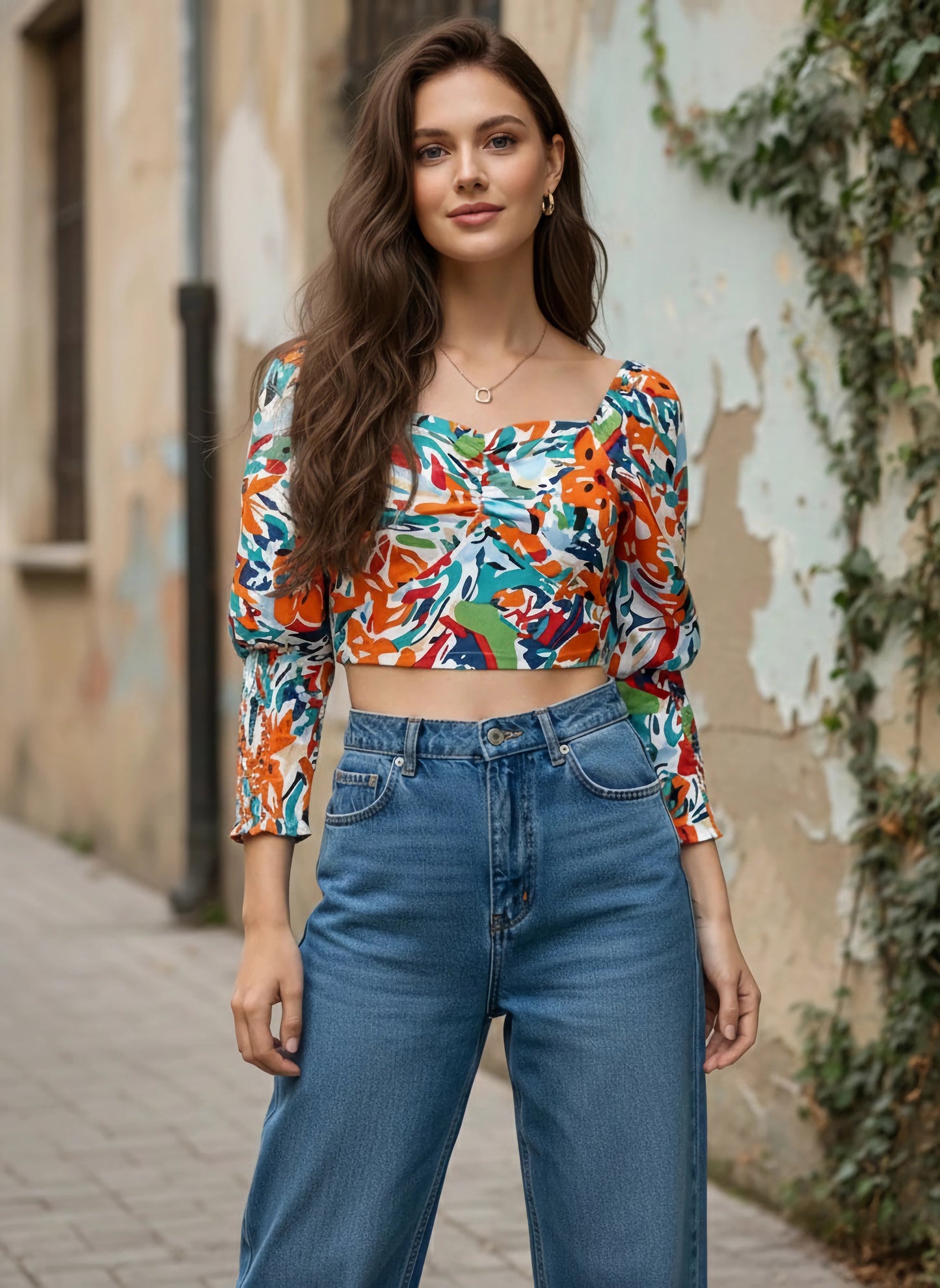 Berrylush Women White & Orange Abstract Printed Sweetheart Neck Three-Quarter Sleeve Smocked Crepe Crop Top