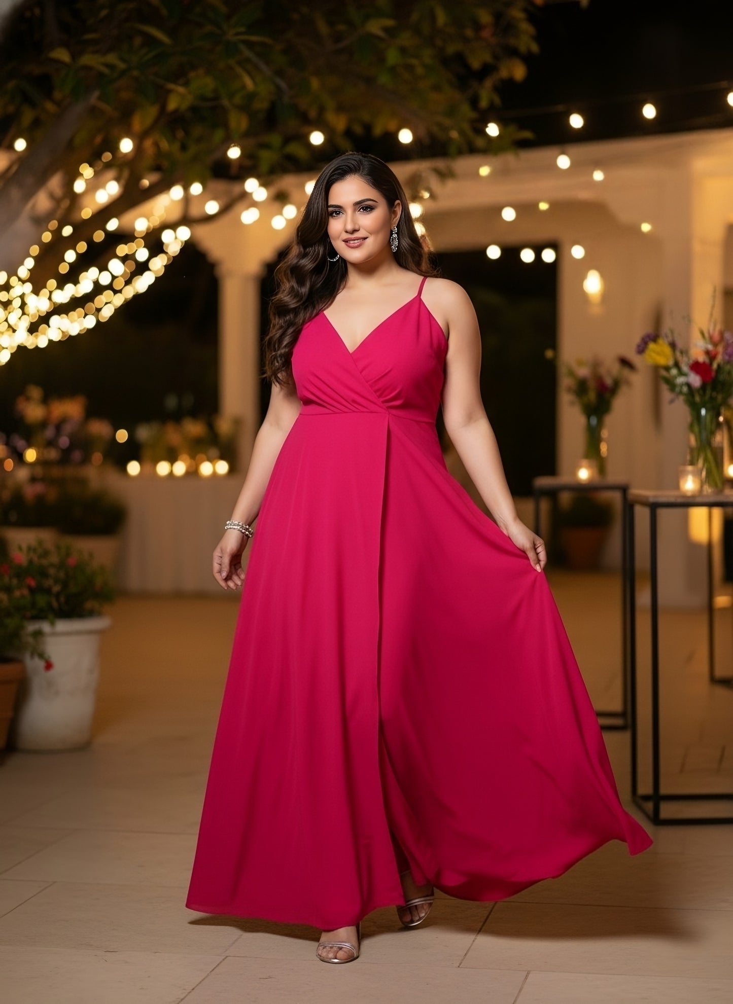 Berrylush Women Plus Size Solid Pink V-Neck Sleeveless Crepe Thigh-High Slit Fit & Flare Wrap Maxi Dress