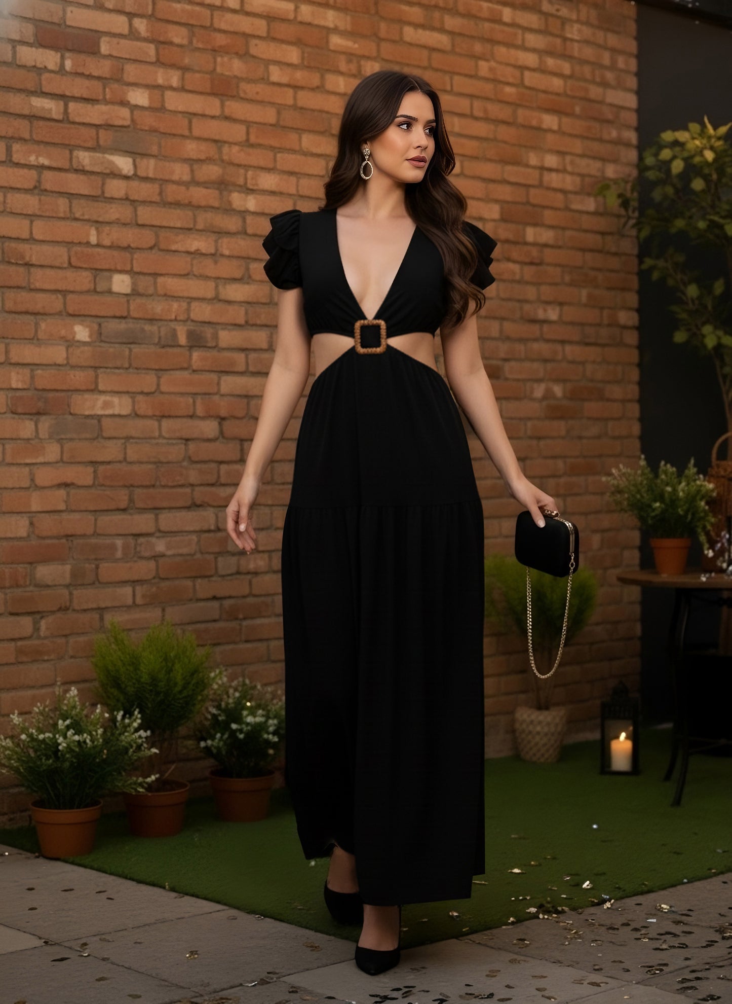 Berrylush Women Black Solid V-Neck Short Sleeve A-Line Maxi Dress