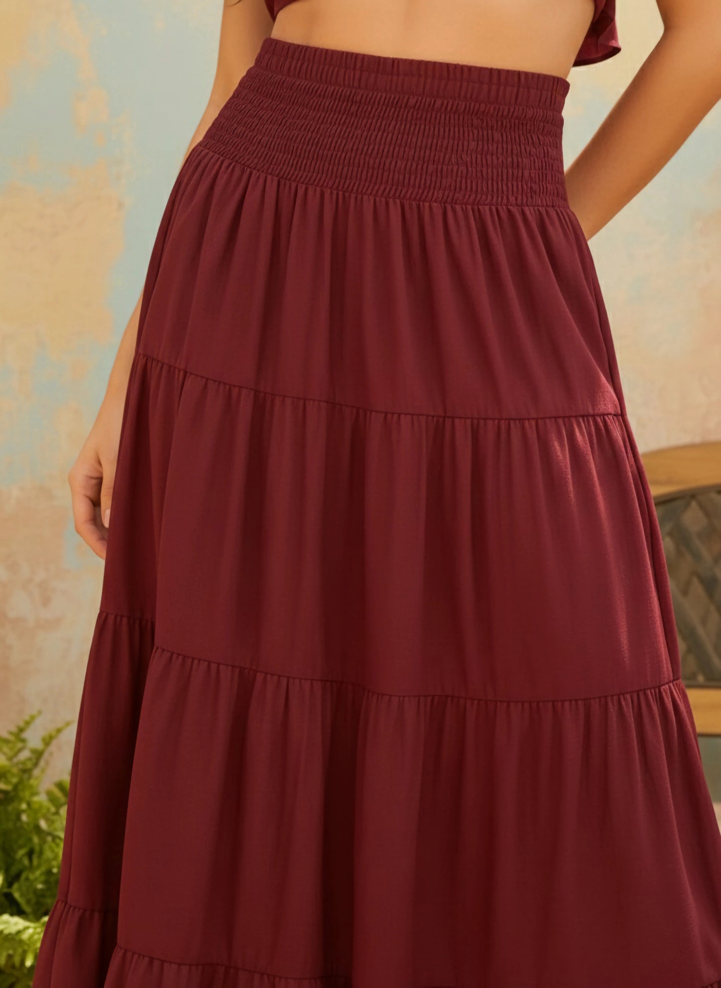 Berrylush Women Solid Maroon Square Neckline Cap Sleeves Cropped Top & Smocked Maxi Skirt Co-Ord Set