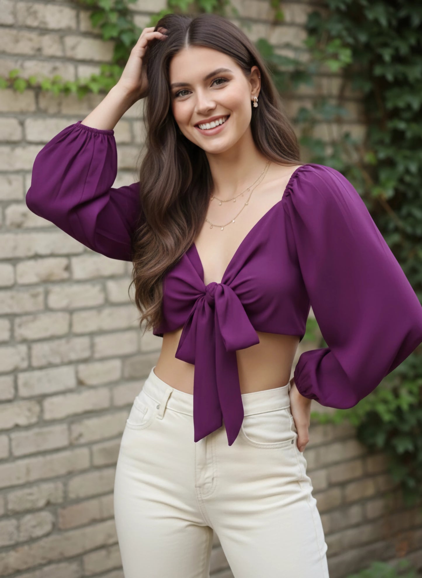 Berrylush Women Solid Purple V-Neck Front Tie-Up Cropped Top