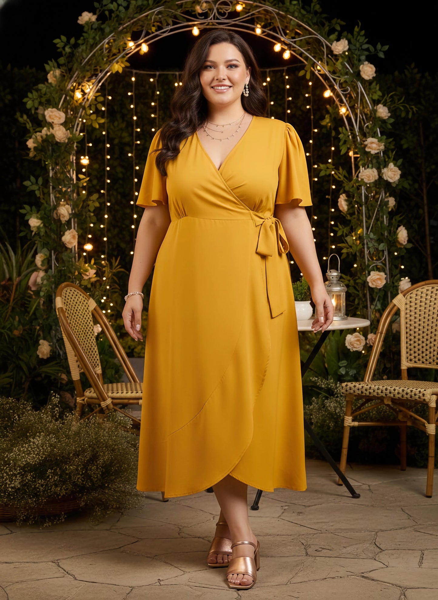 Curve Solid Yellow V-Neck Flared Sleeves Tie-Up Waist Tulip Hem Wrap Maxi Dress