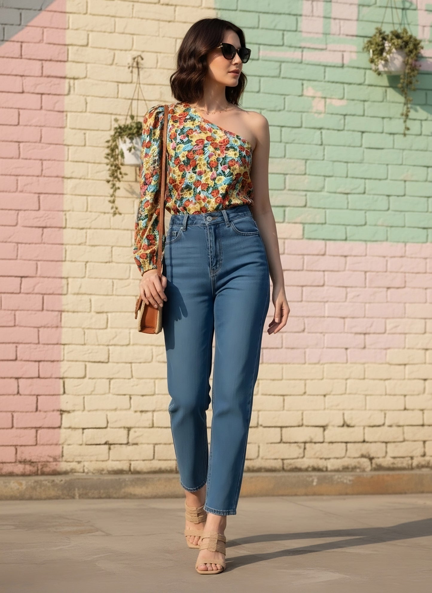 Berrylush Women Red, Green, & Yellow Floral Printed One-Shoulder Neck Crepe Woven Regular Top