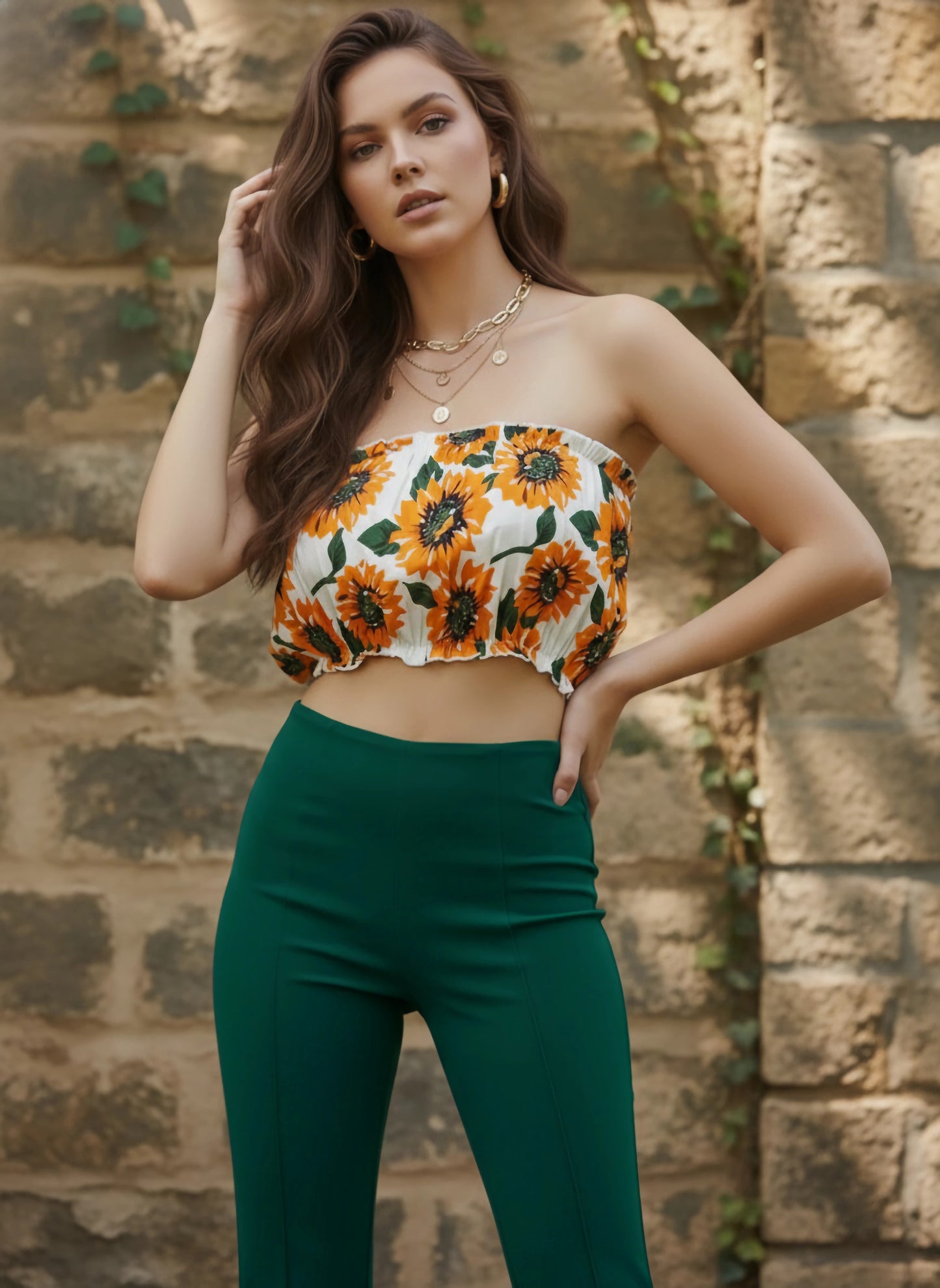 Berrylush Women Mustard Floral Printed Bandeau Ruffled Crop Top
