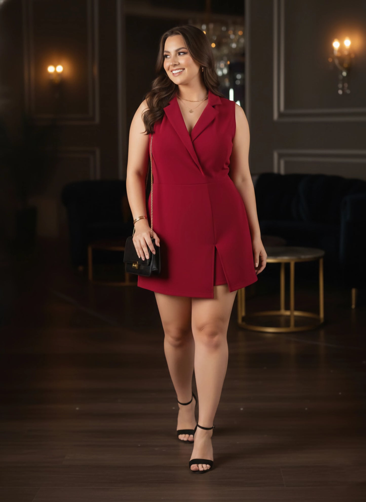 Curve Solid Red Notch Collar Neck Sleeveless Straight Hem Front-Slit Wrap Mini Blazer Romper