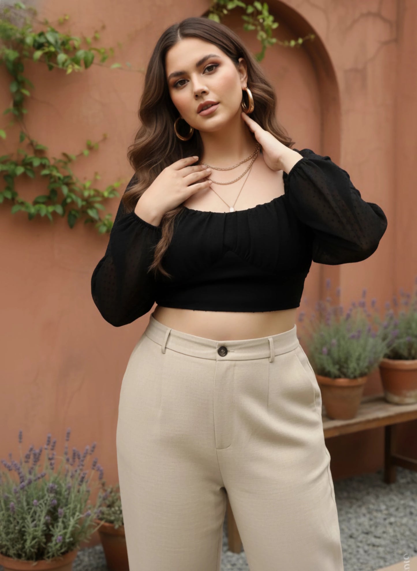 Berrylush Women Plus Size Solid Black Dobby Weave Sweetheart Neck Puff Sleeve Georgette Smocked Crop Top