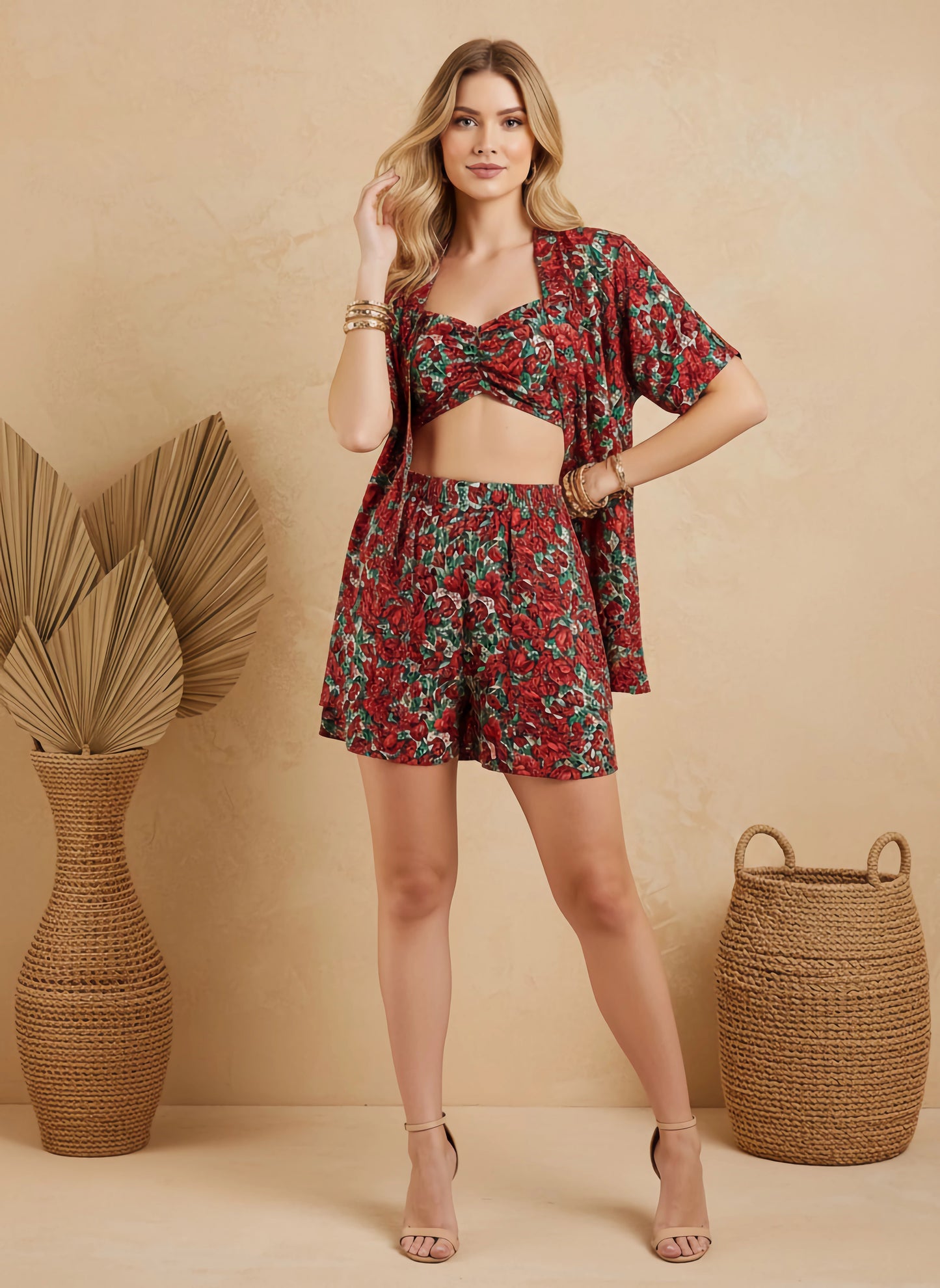 Berrylush Women Red & Green Floral Printed Sweetheart Neck Ruched Crop Top, High-Rise Elastic Waist Mini Shorts & Open-Front Longline Shrug Co-Ord Set