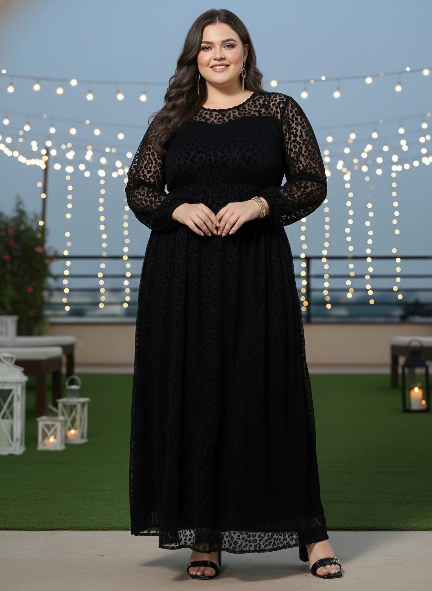 Plus Size Black Animal Printed Round Neck Semi-Sheer Velvet Flared A-Line Maxi Dress