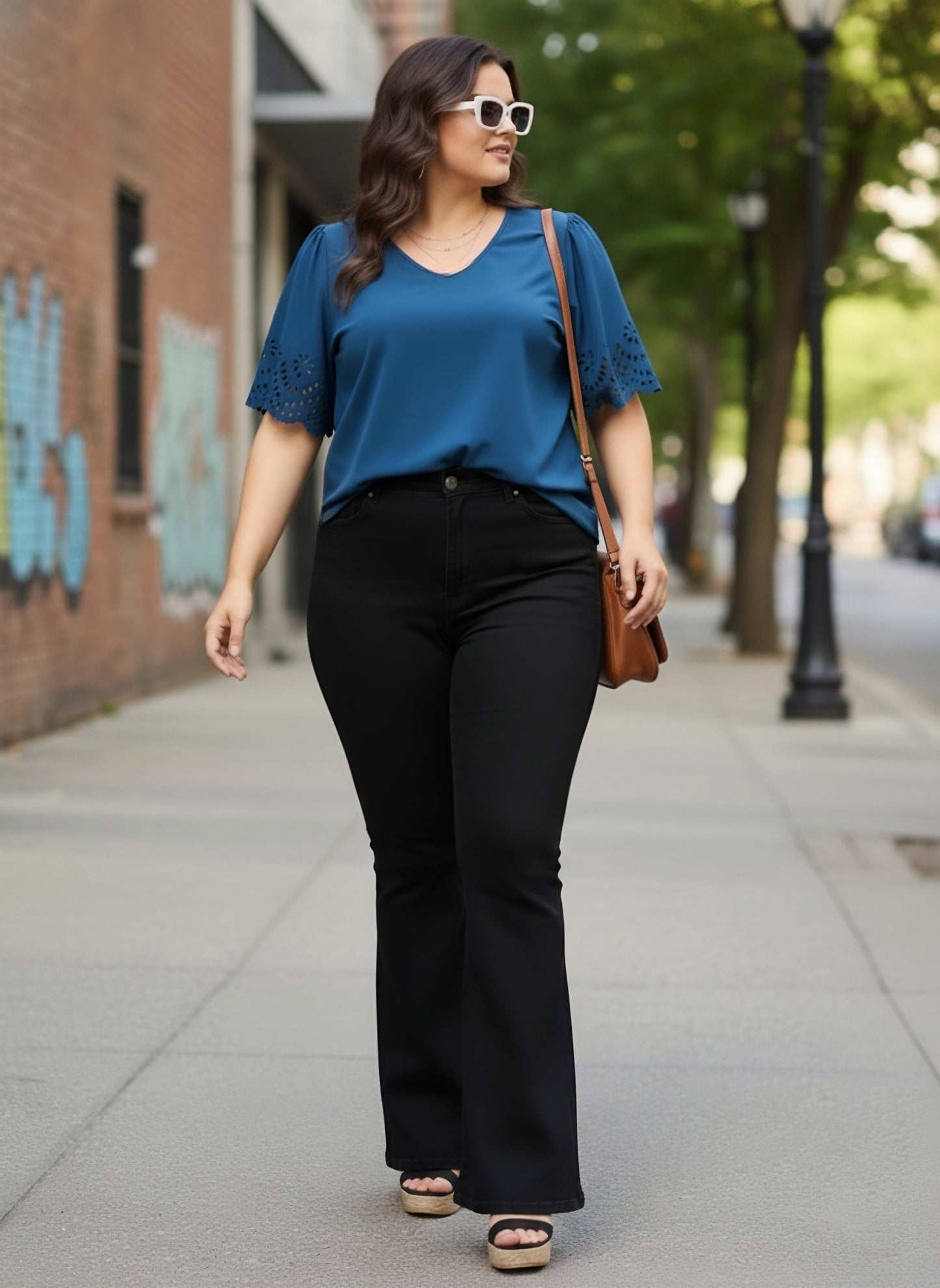 Berrylush Women Plus Size Solid Blue V-Neck Cutout Sleeve Crepe Regular Top