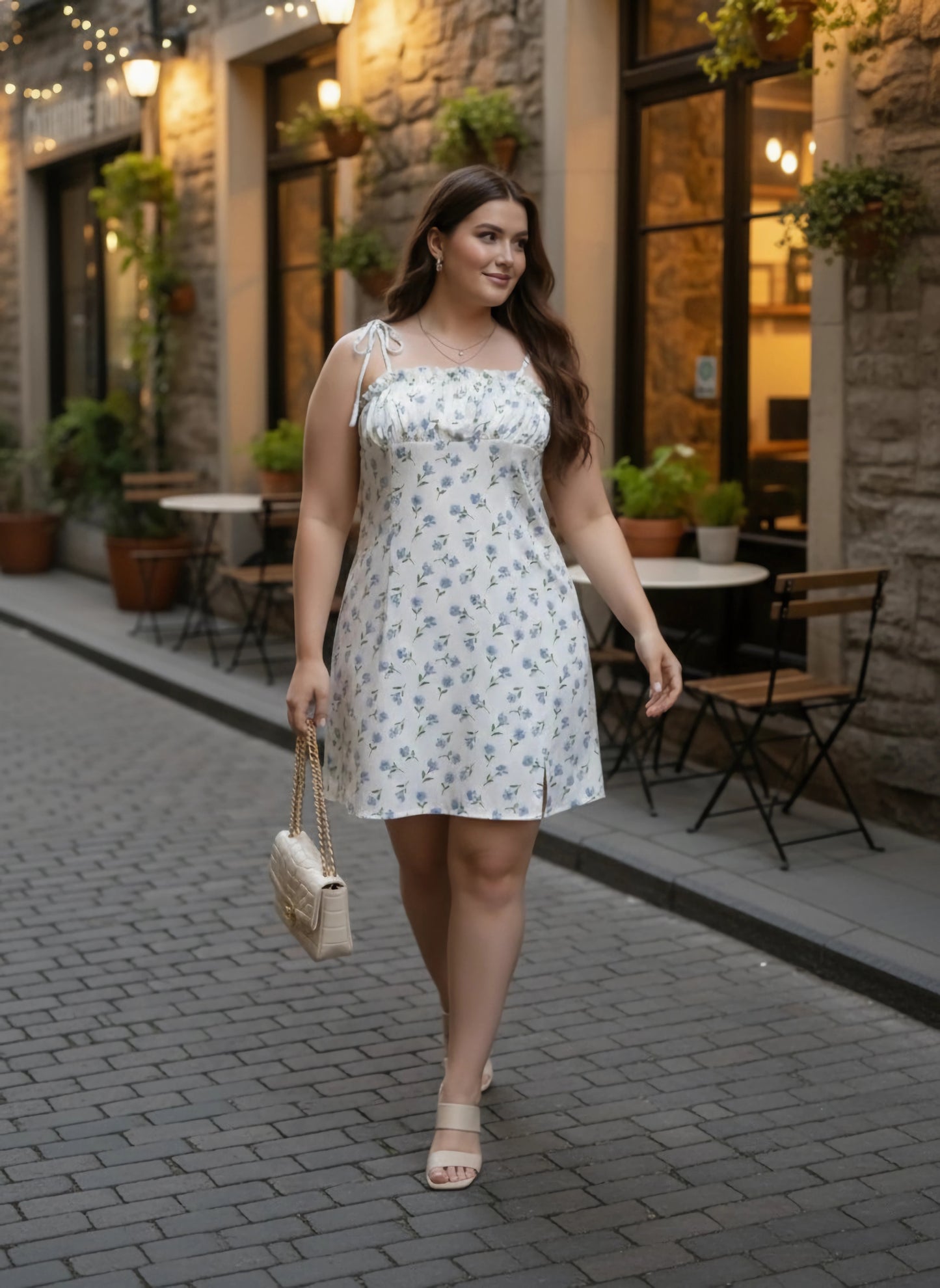 Plus Size White & Blue Floral Printed Square Neck Crepe Side-Slit Pleated A-Line Mini Dress