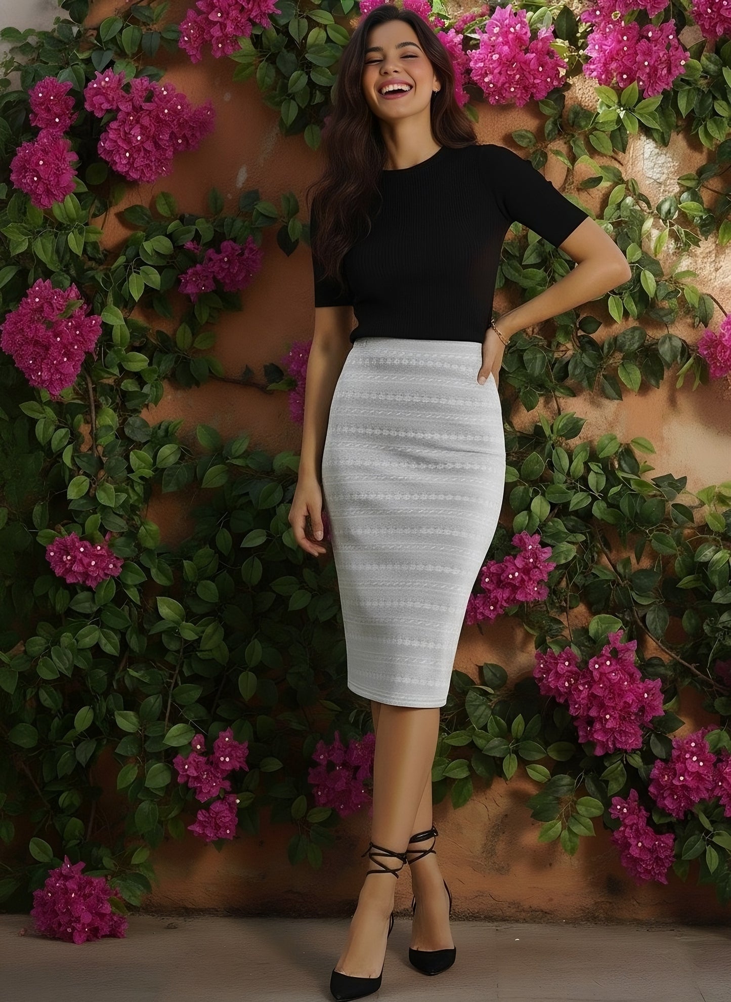 Berrylush Women Grey & White Ethnic Printed Straight Hem Slip-On Knitted Pencil Midi Skirt