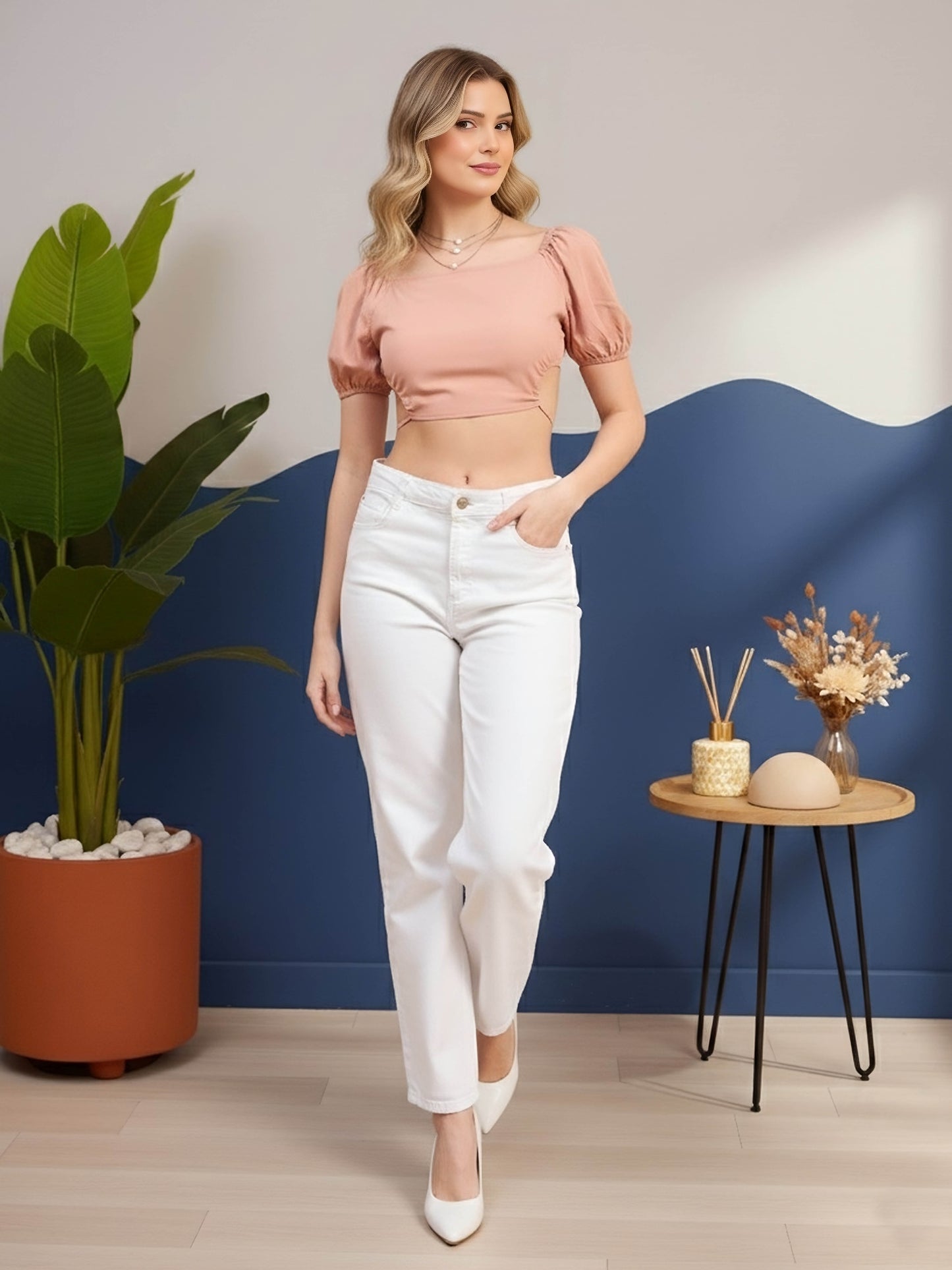 Berrylush Women Solid Pink Square Neck Puff Sleeves Tie-Up Backless Pleated Crop Top