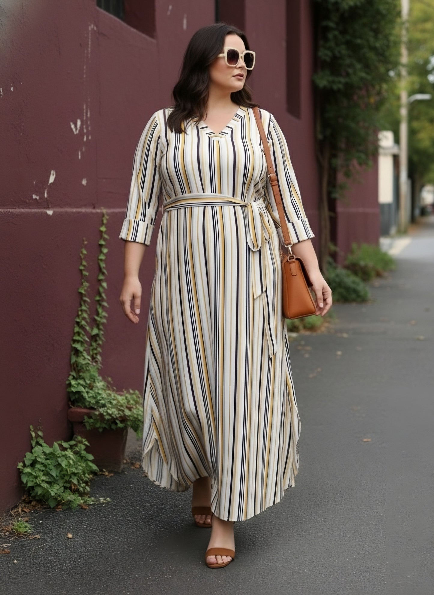 Berrylush Women Plus Size Multicolour Stripe Printed V-Neck Waist Tie-Up Crepe Curved Hem Maxi Dress