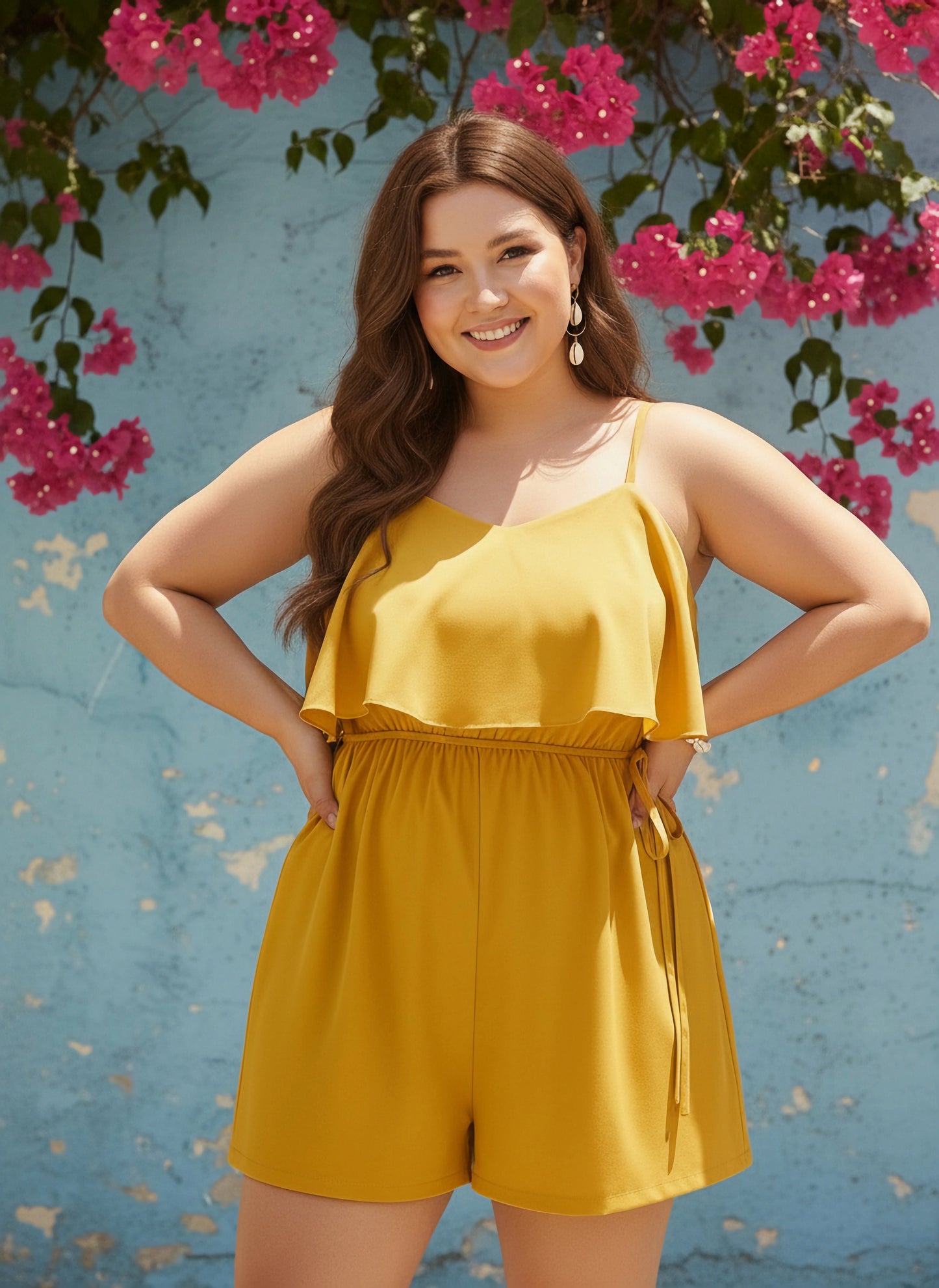 Berrylush Curve Women Solid Yellow Sweetheart Neck Sleeveless Waist Tie-Up Front Layered Mini Playsuit