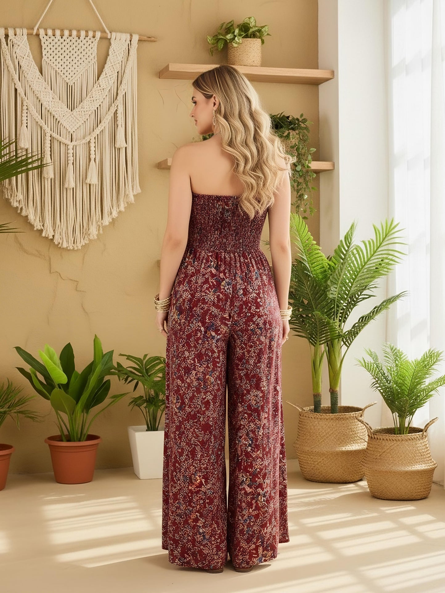 Berrylush Women Maroon & White Floral Printed Strapless Neck Sleeveless Wide-Leg Thigh-High Slit Smocked Maxi Jumpsuit