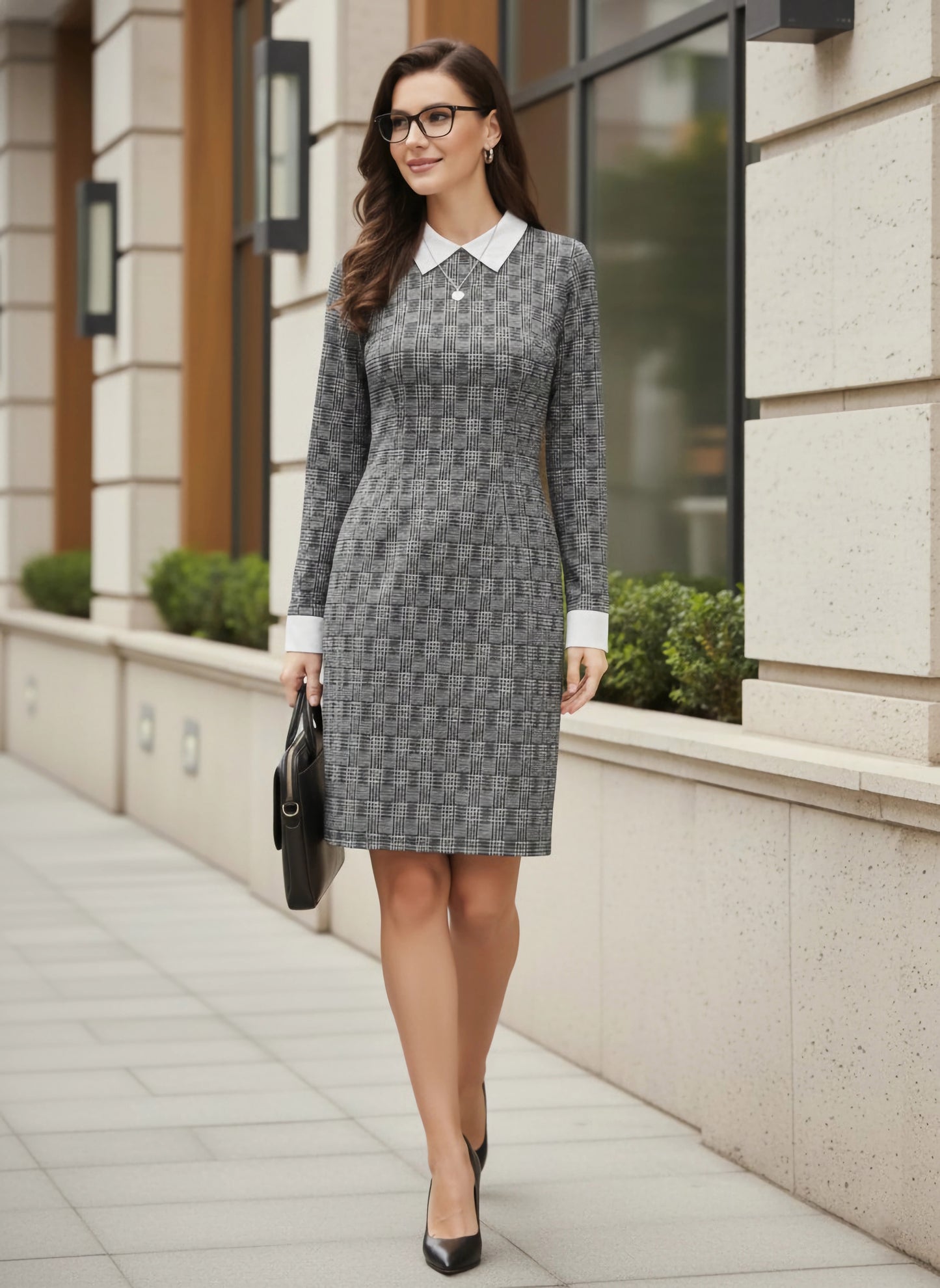 Berrylush BIZwear Women Black Houndstooth & Checked Print Contrast Collar Neck Straight Hem Knitted Bodycon Mini Dress