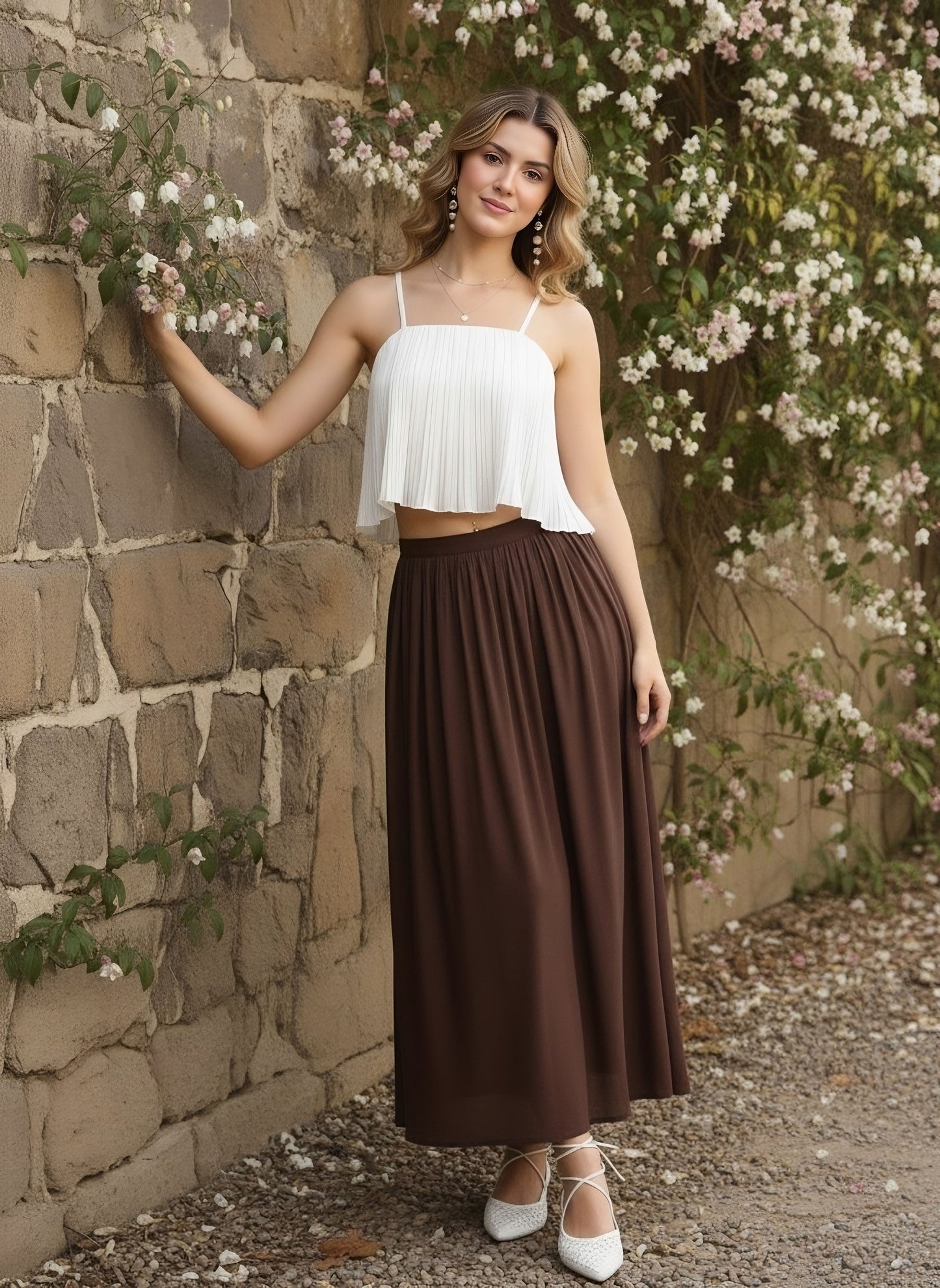 Berrylush Women Solid White Square Neck Sleeveless Pleated Crop Cami Top