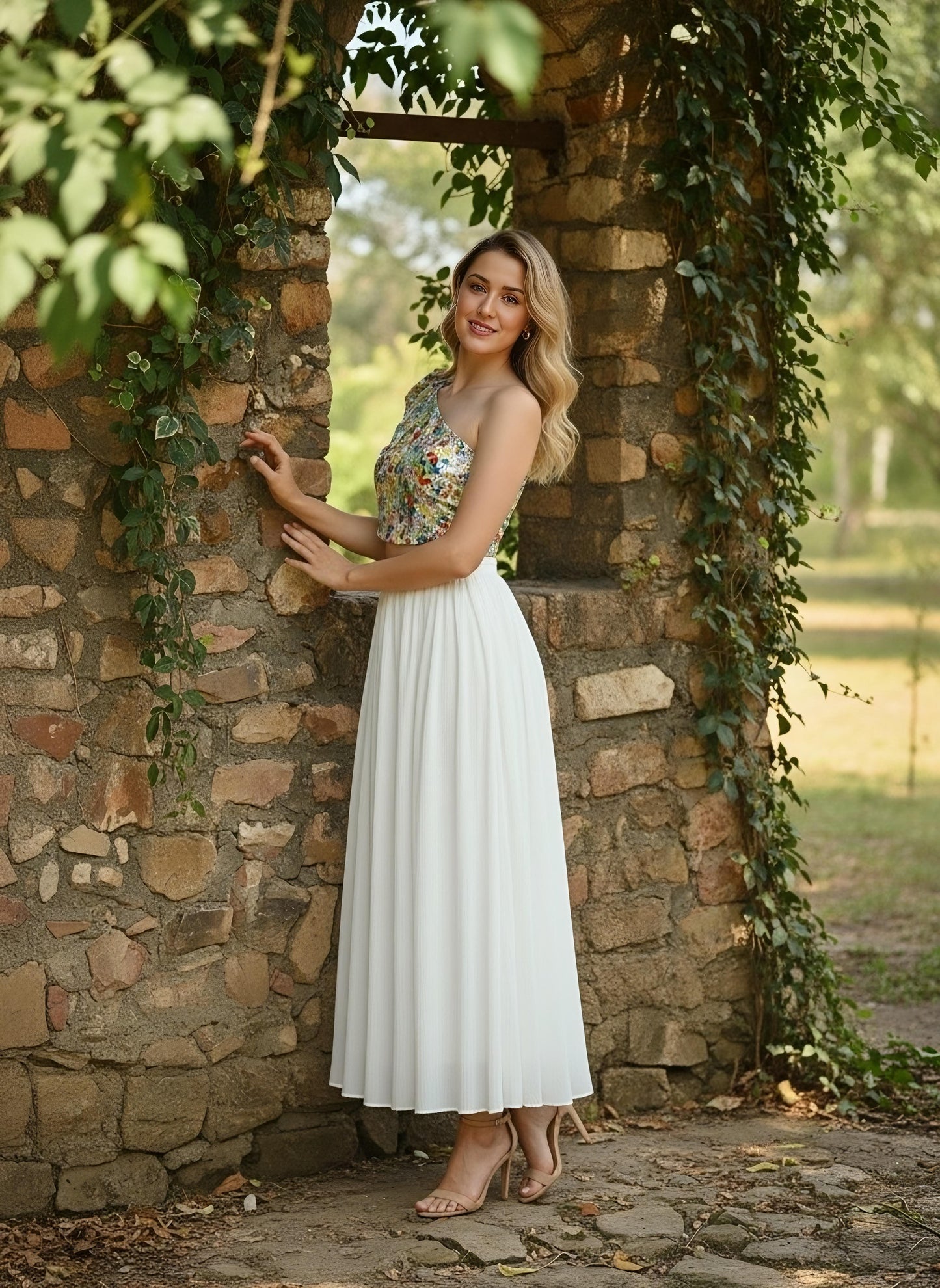 Berrylush Women White & Multicolour Floral Printed One-Shoulder Neck Tie-Up Strap Cropped Top