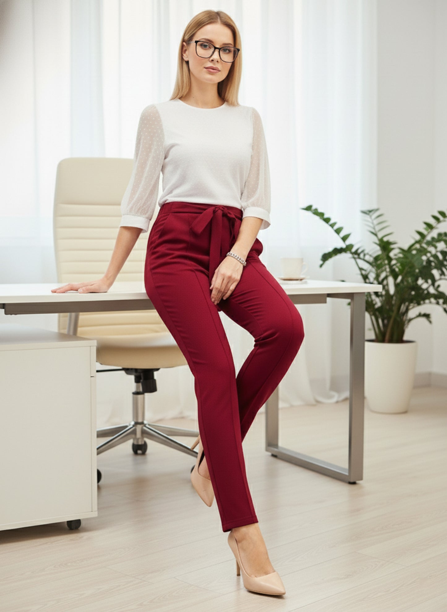 Berrylush BIZwear Women Solid Maroon High-Rise Waist Tie-Up Skinny-Fit Two-Pocket Knitted Regular Pants