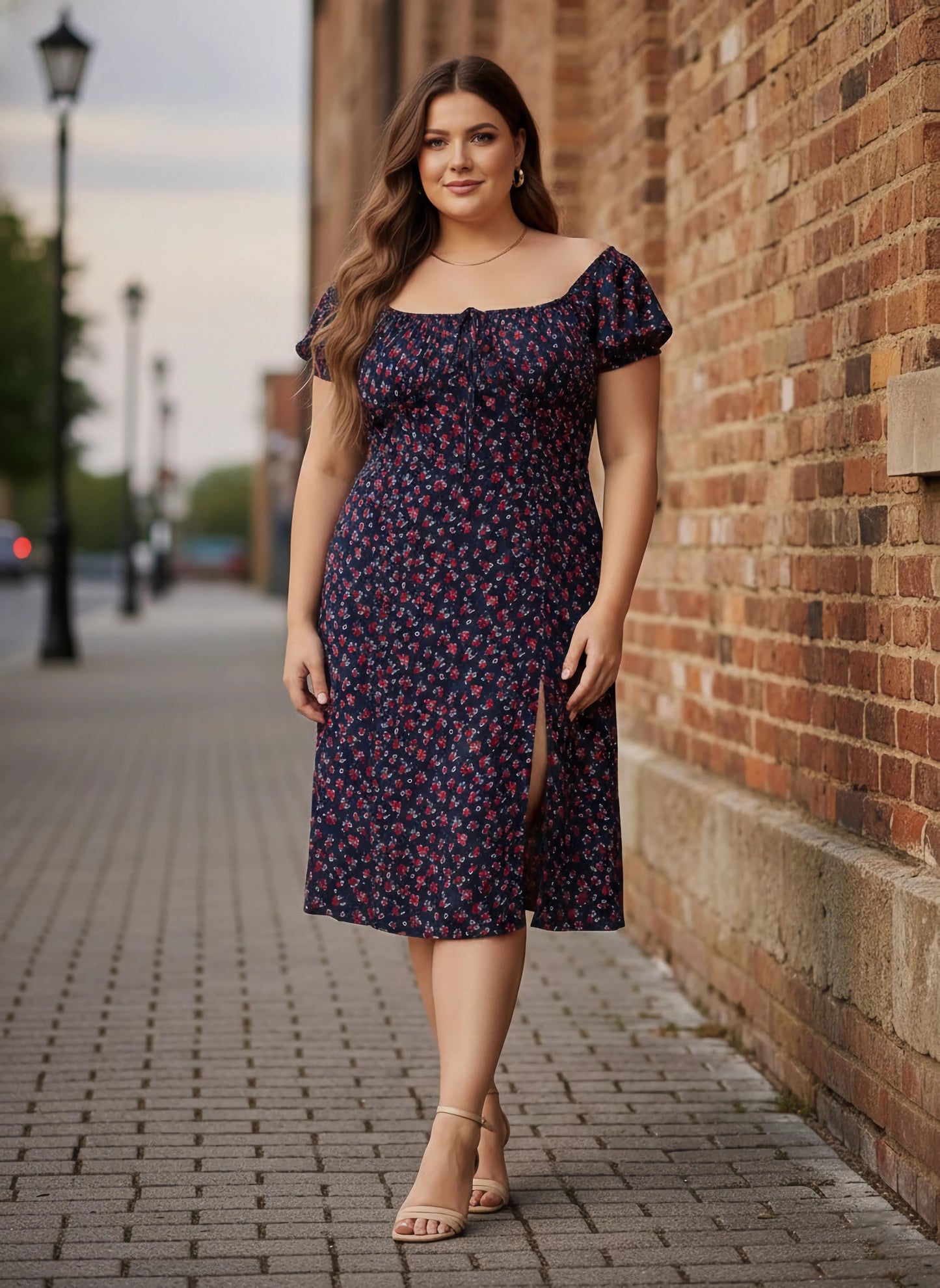 Plus Size Navy Blue & Red Floral Printed Square Neck Front Tie-Up Thigh-High Slit Flared A-Line Midi Dress