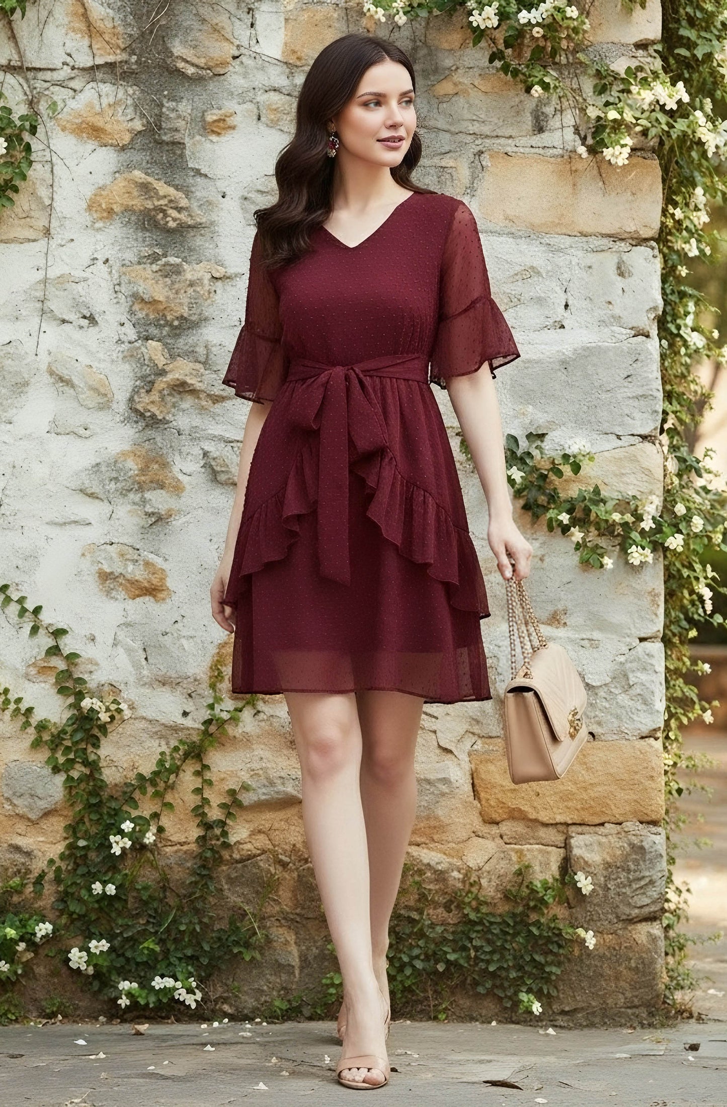 Berrylush Women Solid Maroon Self-Design Patterned V-Neck Layered Fit & Flare Mini Dress