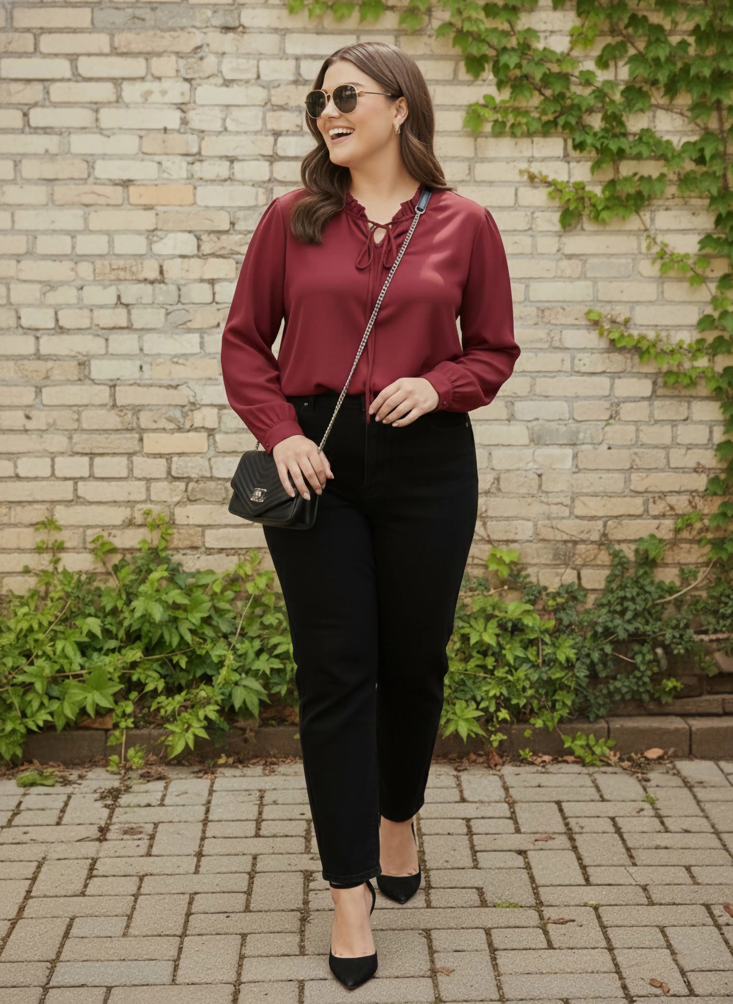 Berrylush Women Plus Size Solid Maroon Tie-Up Neck Cuff Sleeves Crepe Ruffled Regular Top