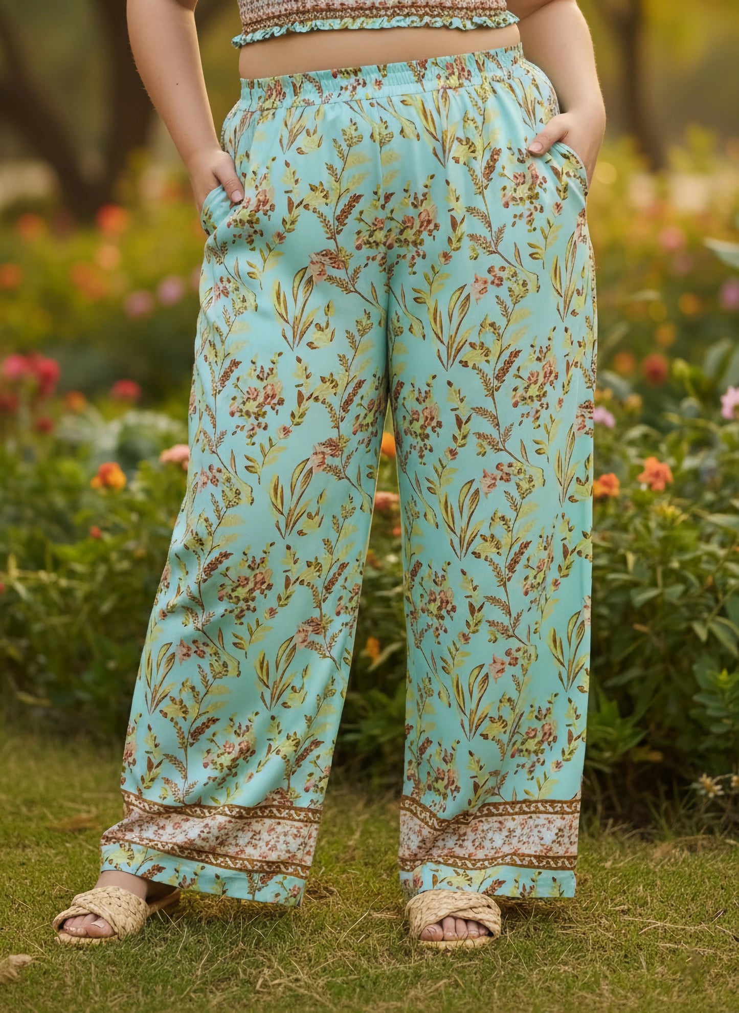 Berrylush Curve Women Green Floral Printed Square Neck Sleeveless Smocked Crop Top & Elastic Waist Two-Pockets Slip-On Maxi Trousers Co-Ord Set