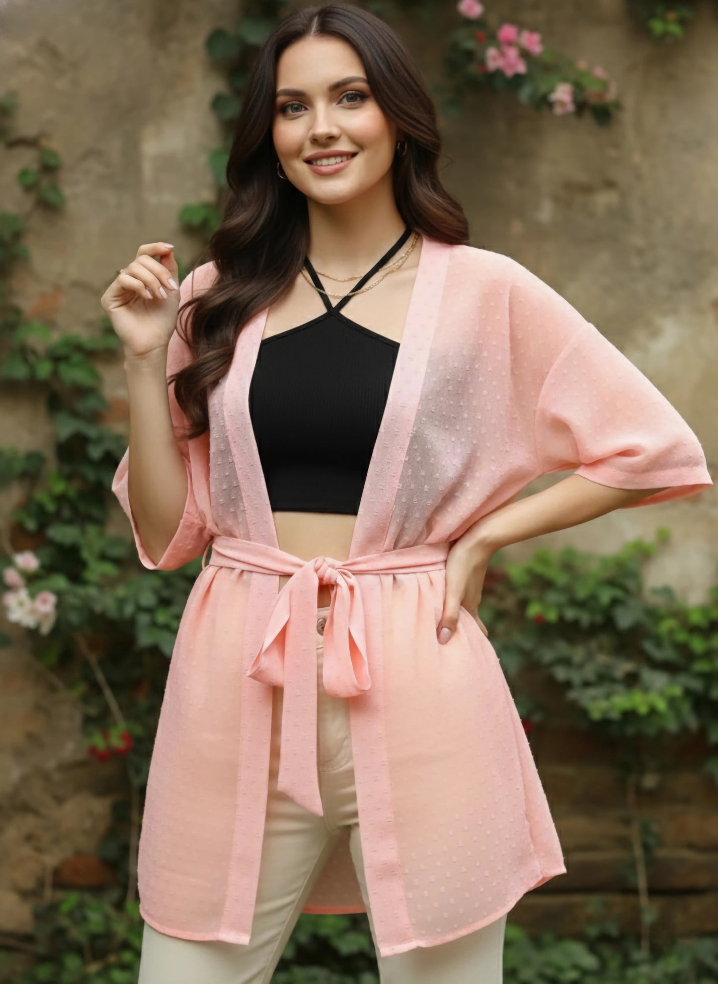 Berrylush Women Pink Self-Design Pattern Open Front Waist Tie-Up Georgette Regular Shrug