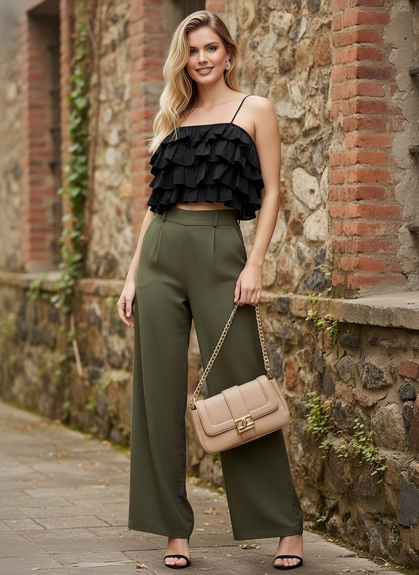 Berrylush Women Black Solid Shoulder Straps Ruffle Fitted Crop Top