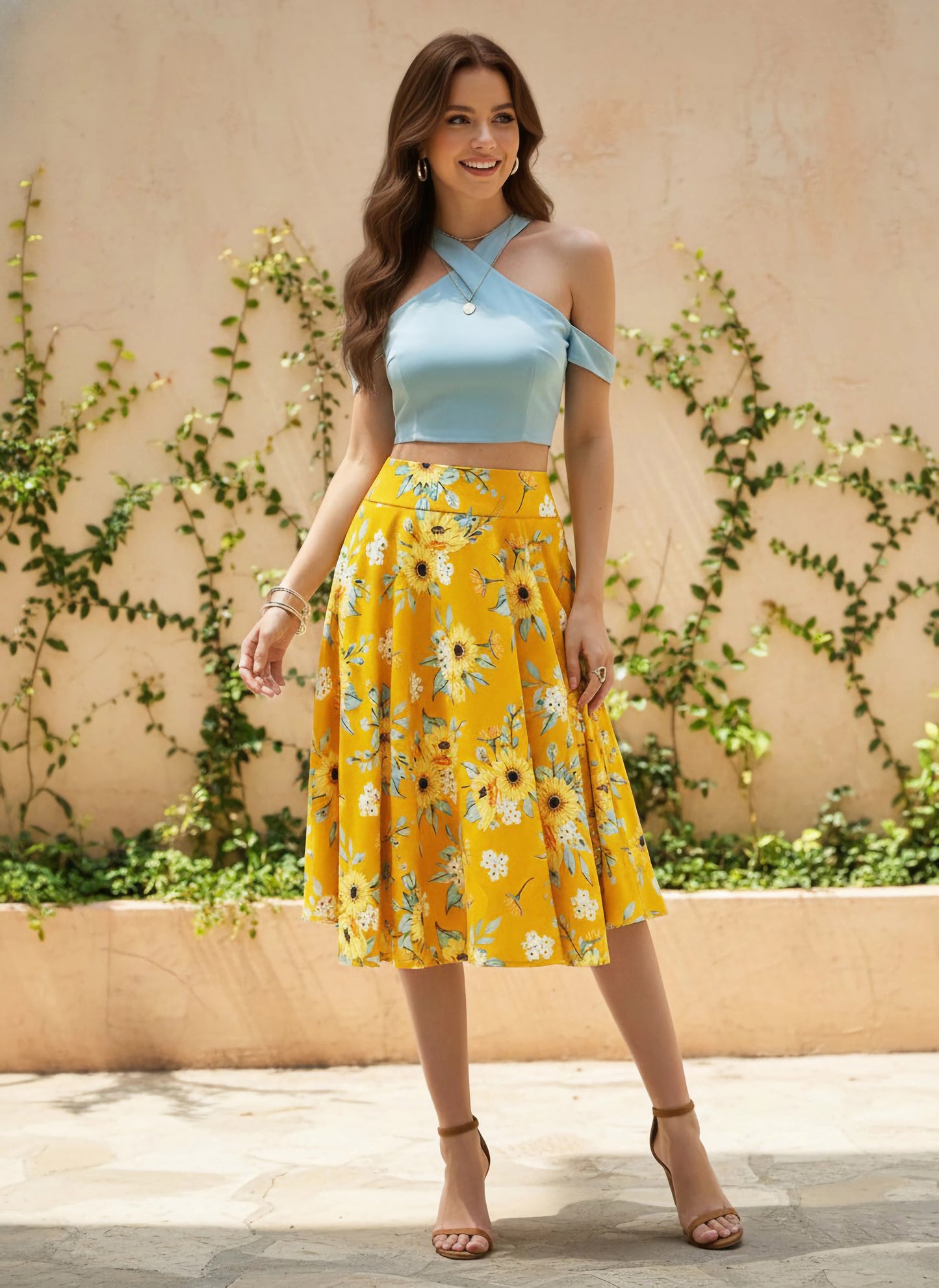 Berrylush Women Yellow & Green Floral Printed High-Rise Waist Slip-On Pleated A-Line Midi Skirt