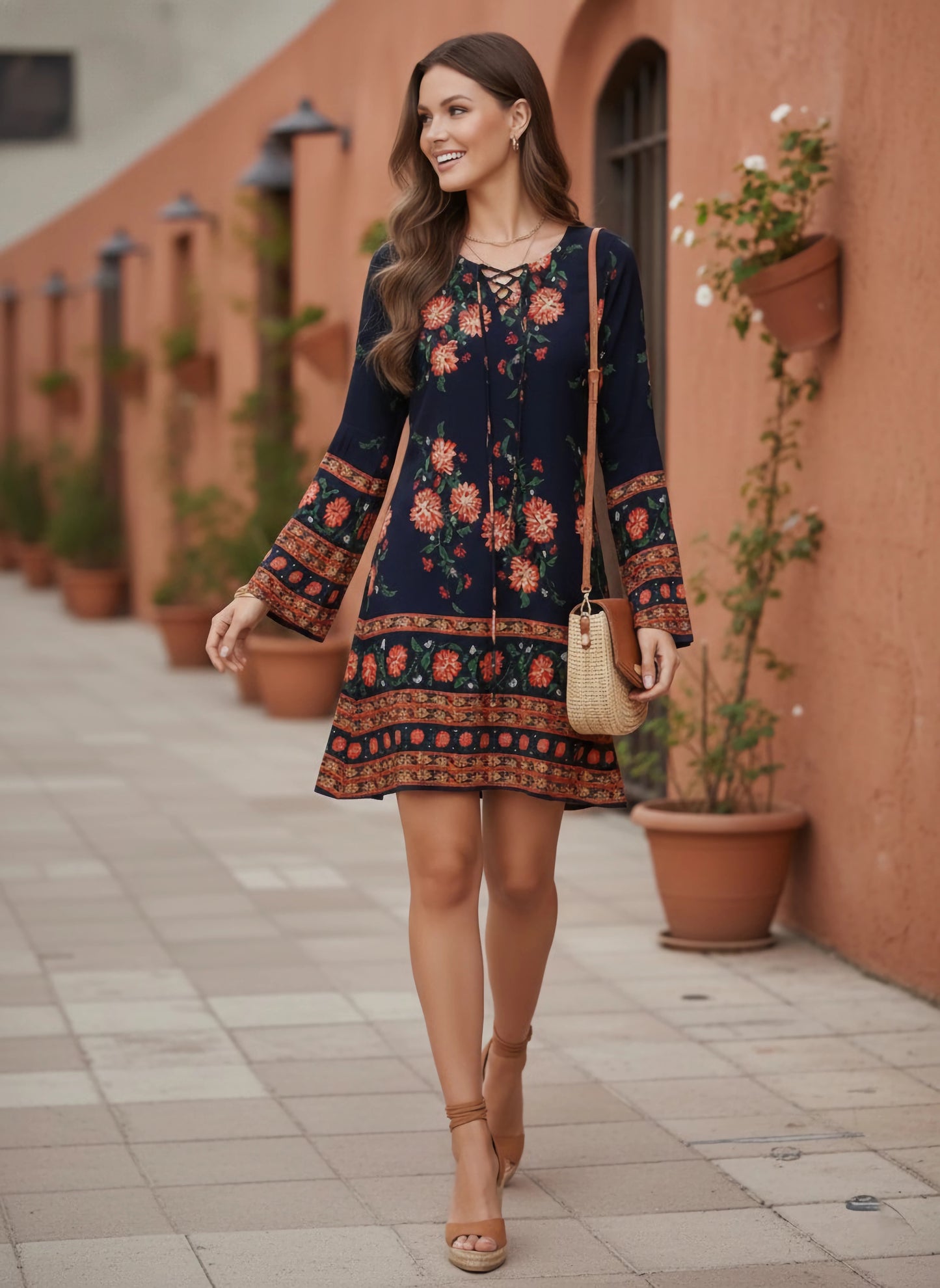 Berrylush Women Navy Blue & Orange Floral Printed Tie-Up Neck A-Line Mini Dress