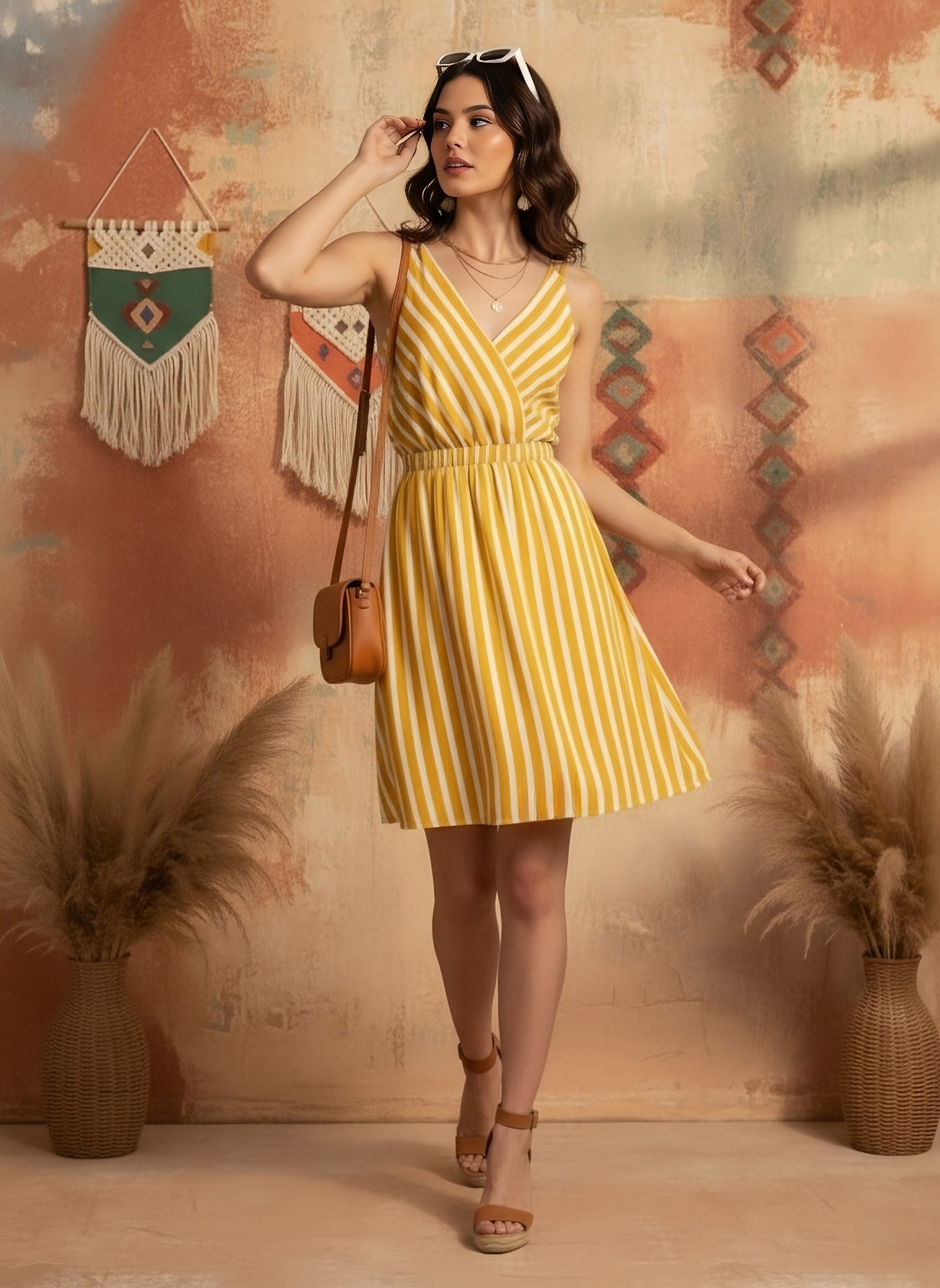 Berrylush Women Yellow & White Stripe Printed V-Neck Open Back Straight Hem A-Line Mini Dress
