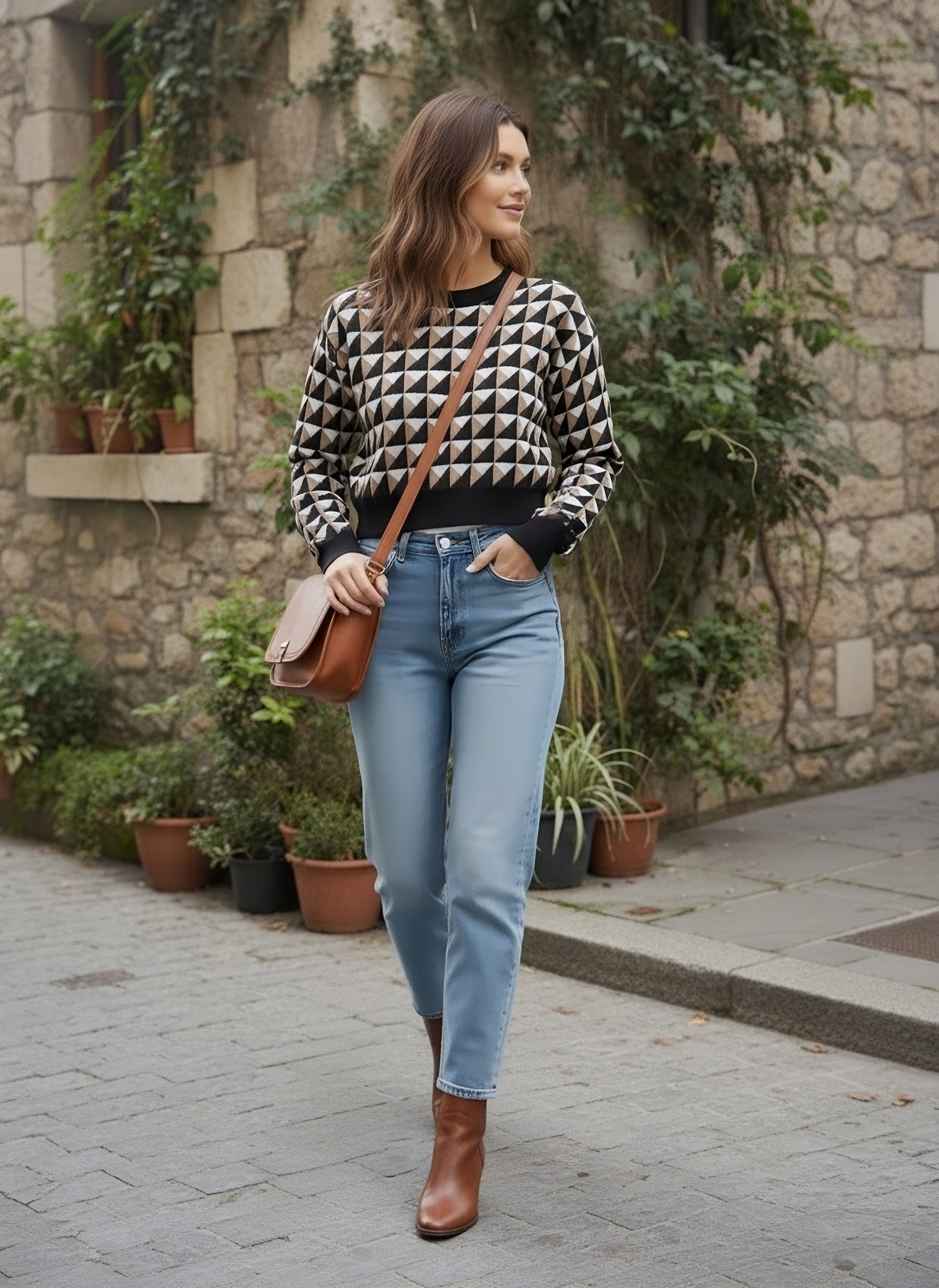 Berrylush Women Black Geometrical Printed Round Neck Drop-Shoulder Sleeves Acrylic Straight Hem Knitted Crop Sweater