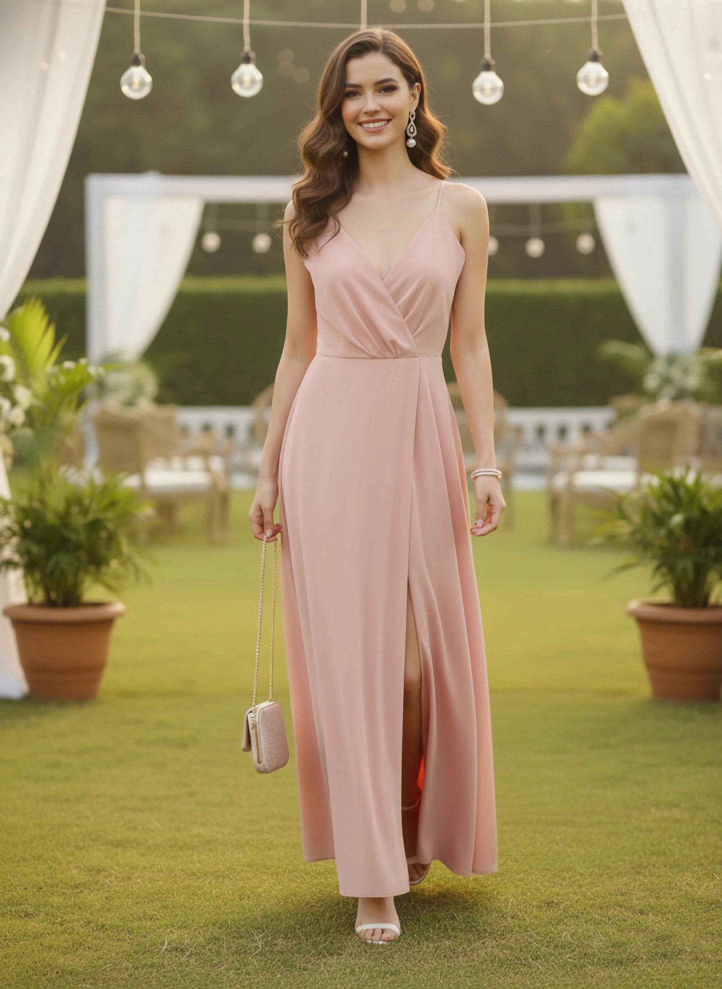 Berrylush Women Solid Light Pink V-Neck Sleeveless Crepe Thigh-High Slit A-Line Maxi Dress